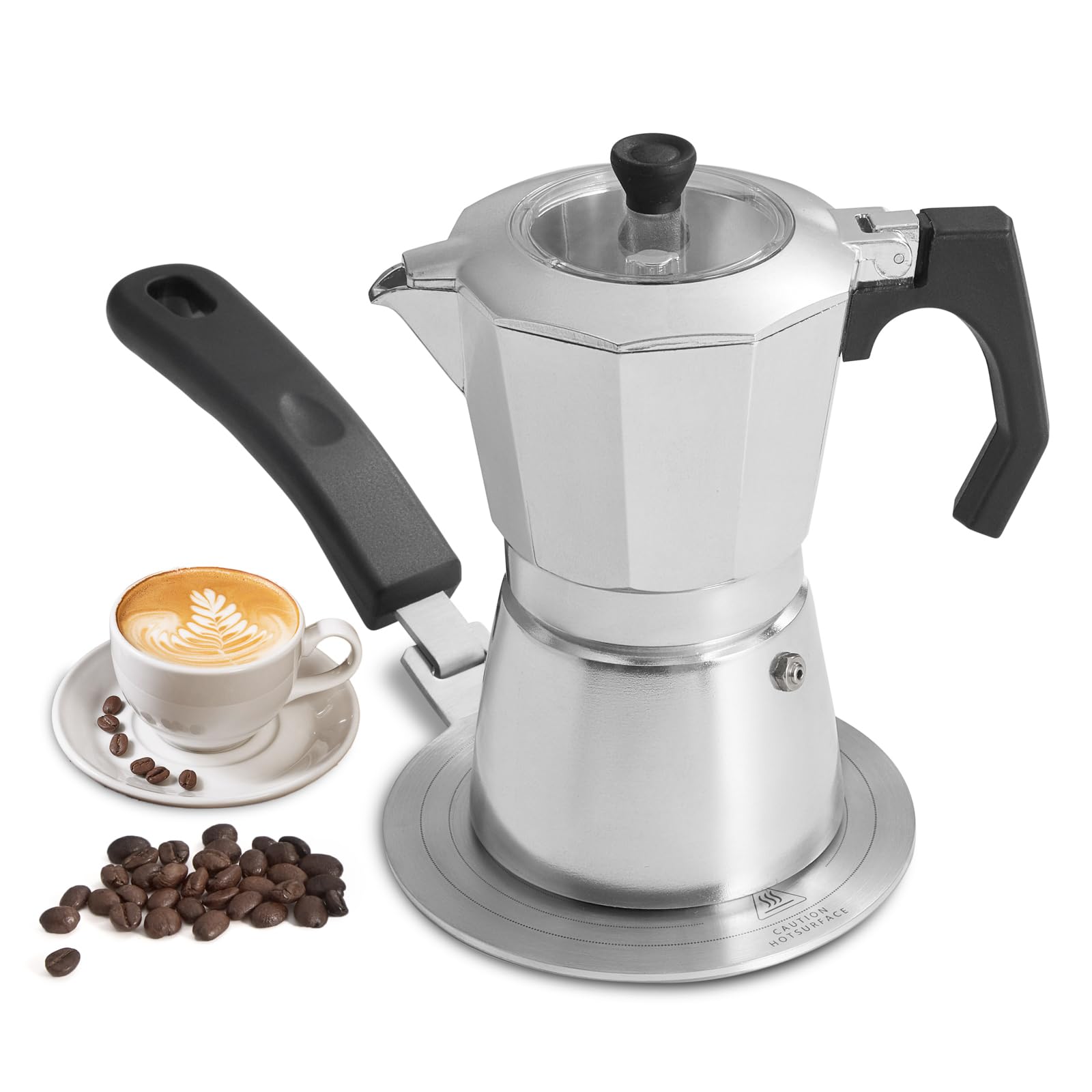 Esevolo 2Pcs - 1 Moka Pot Espresso + 5.5 Inch Stainless Steel Induction Plate Adapter, 6 Cup Aluminium Italian Stovetop Espresso