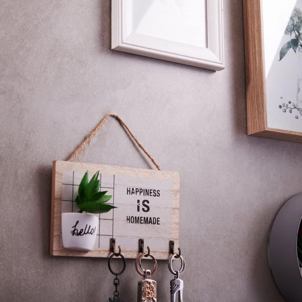 EAZYWAGON Wooden Wall Mounted Key Holder with 3 Hooks  Happiness | Keys Organizer for Home Decor, Office, Entryway & Hallway | 