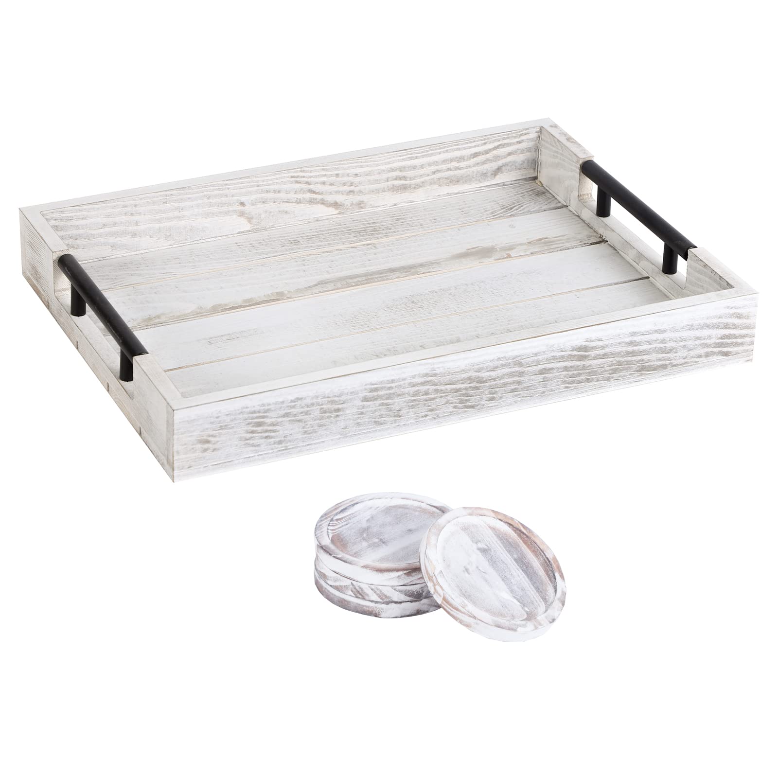 Wooden Serving Ottoman Tray With 4 Coasters,Breakfast Tray With Handles,Ottoman Tray Home Decor For Living Room Ottoman,Wooden T