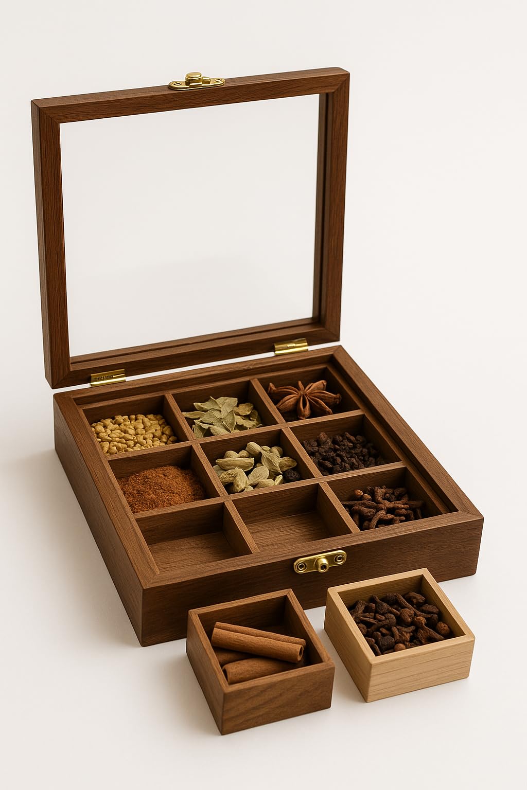 Espoir Bloom Spice Box With 1 Spoon  Babool Wood Masala Dabba Organizer For Kitchen  9 Containers  Decorative Handmade EbMas