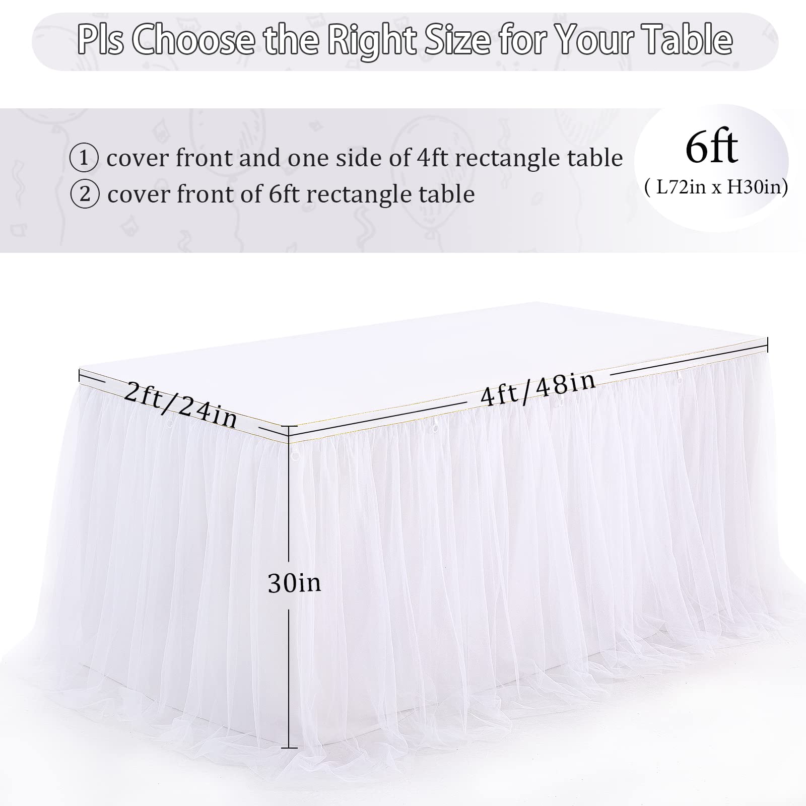 White Tulle Table Skirt For Rectangle Tables 6Ft Table Skirting 2 Layer Birthday Party Tutu Table Cloth For Baby Shower Party Su