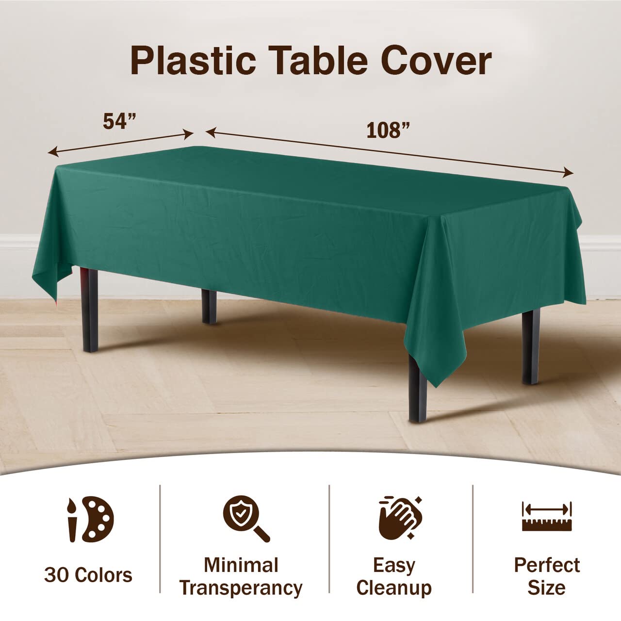 Exquisite 6-Pack Premium Plastic Tablecloth 54In. X 108In. Rectangle Plastic Table Cover - Dark Green