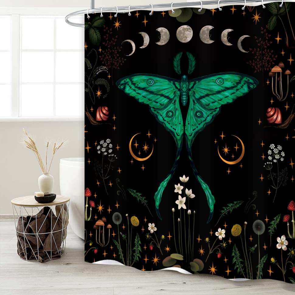 Miyotaa Moth Butterfly Shower Curtain Set 71Wx71H Inches Witchy Gothic Night Moonlit Moon Phase Floral Vintage Botanical Mushroo
