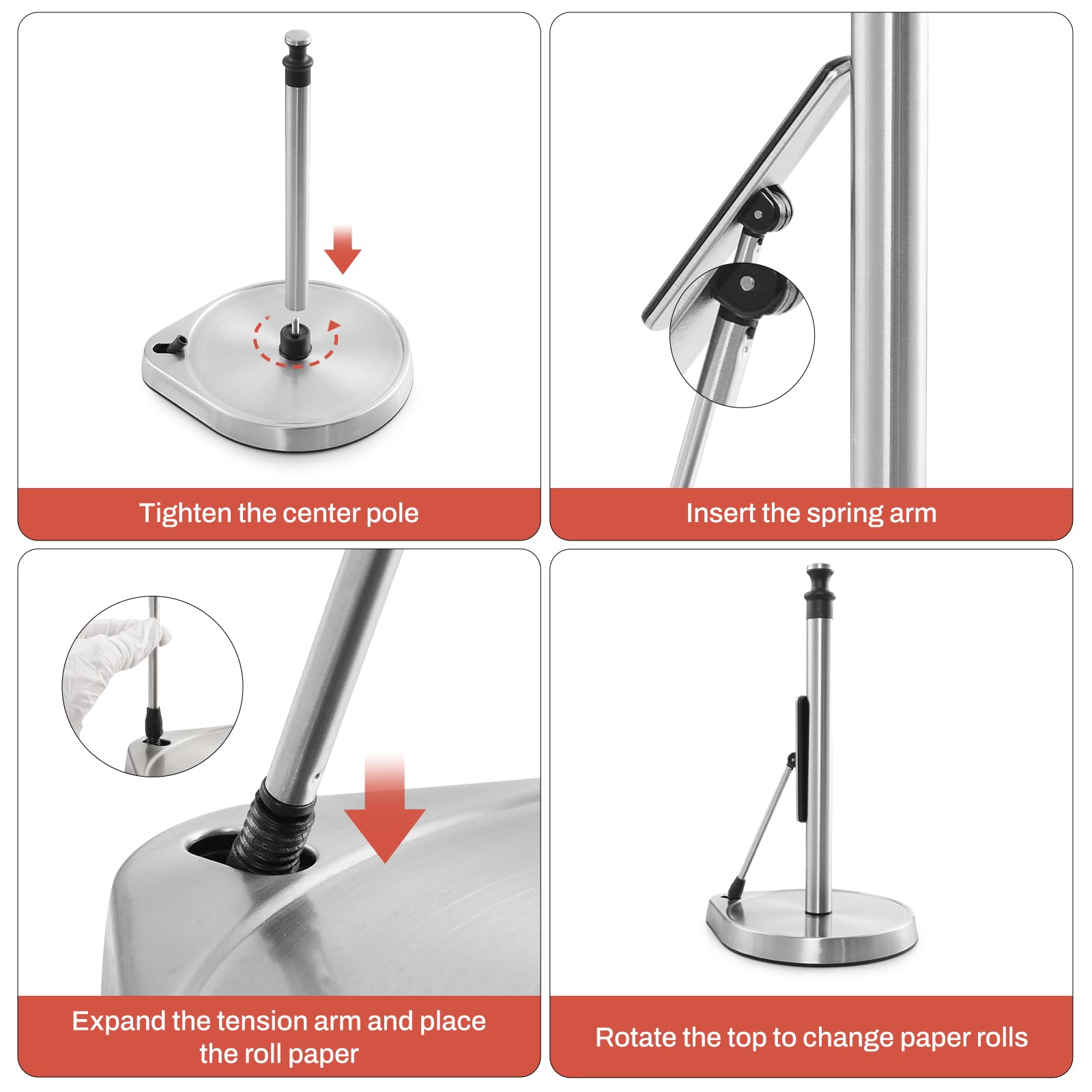 Dailyart Paper Towel Holder For One Hand Tear - Countertop With Tension Arm & Non Slip Weighted Base, Stainless Steel Paper Towe