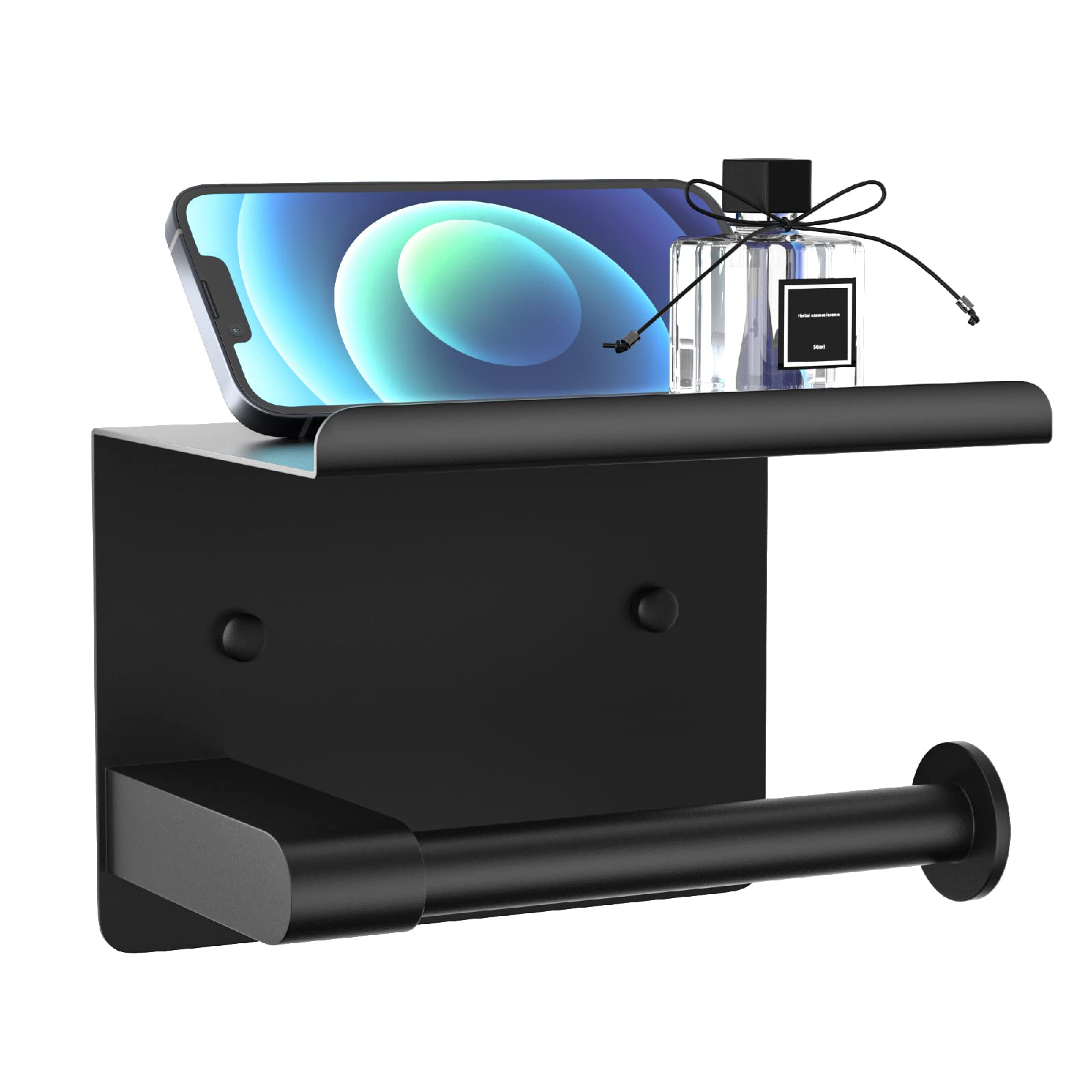 Glnlq Toilet Paper Holder Wall Mount, Fits Mega Rolls Size Matte Black Toilet Paper Holder With Shelf, Rustproof Stainless Steel