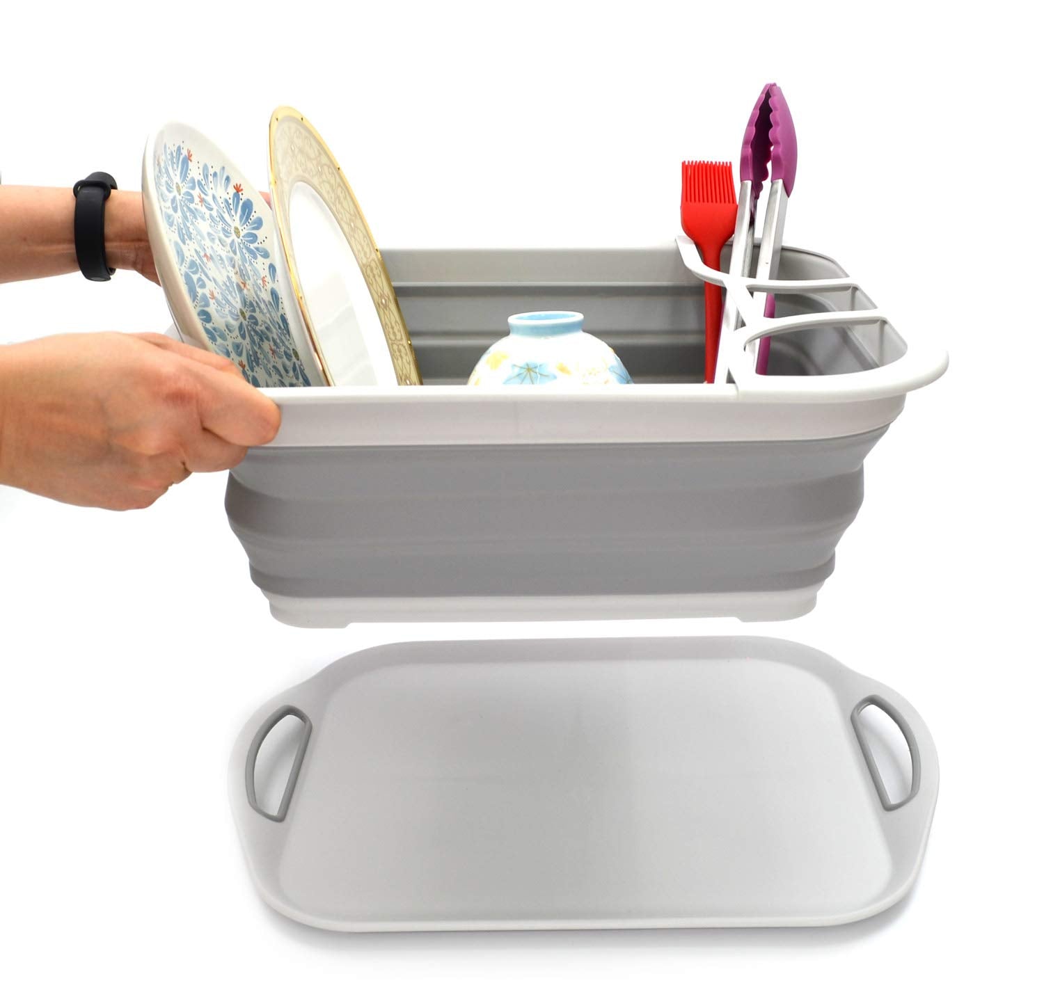Sammart - Collapsible Dish Rack With Drainboard For Drying Dishes And Utensil - Foldable Design With Dinnerware Storage Tray- Pe