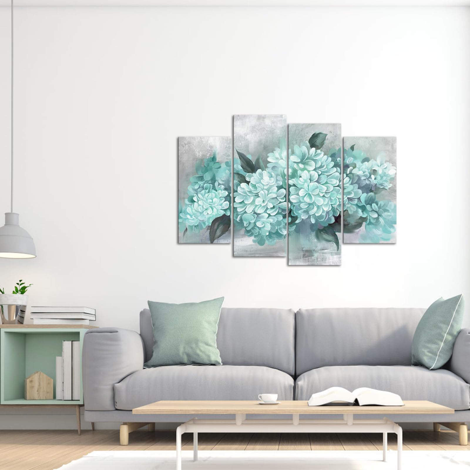 Ryounoart Aqua Pictures Wall Decor Hydrangea Canvas Paintings Teal Flower Art Prints For Living Room Bedroom Framed Large