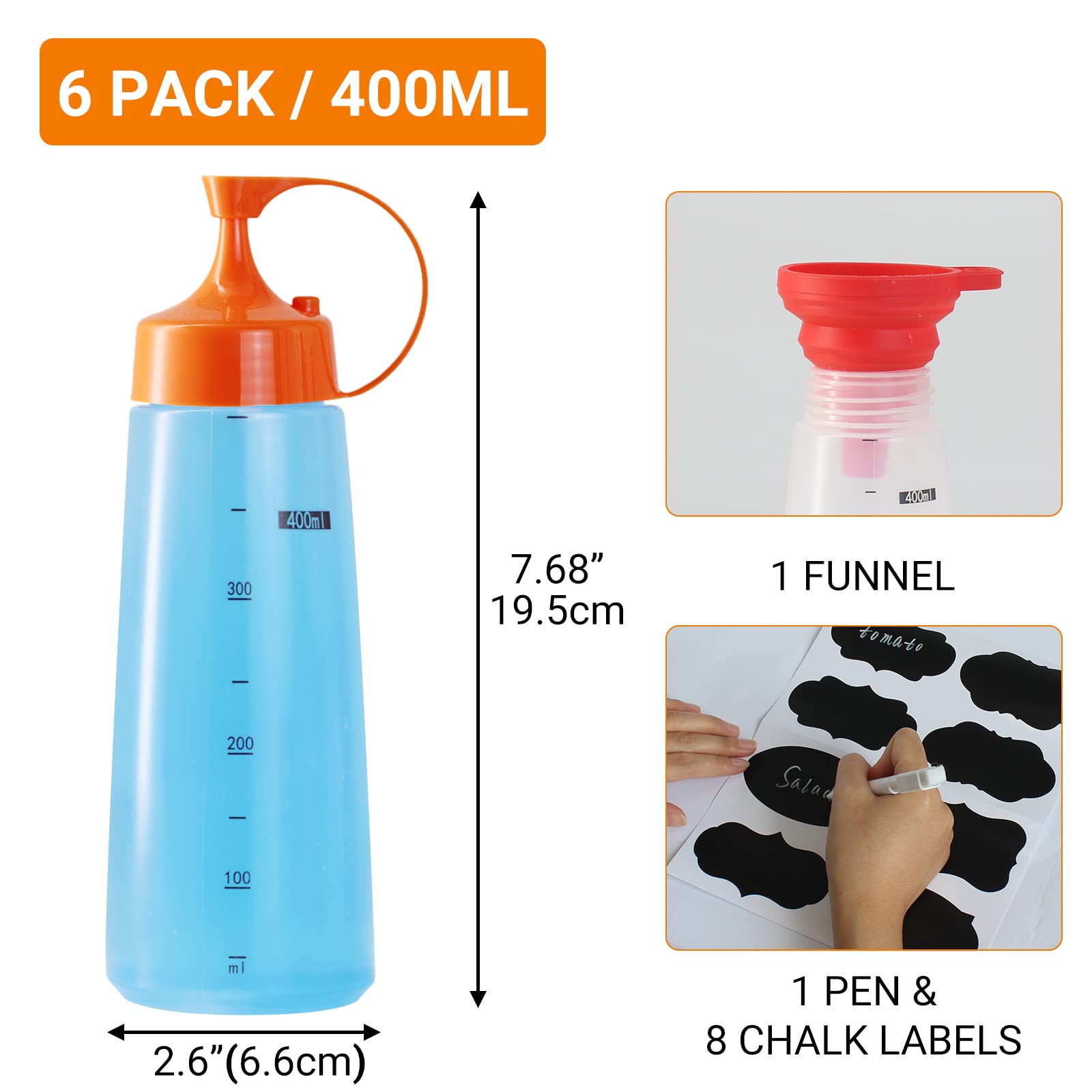 Belinlen 6 Pack 400Ml/14Oz Condiment Squeeze Bottles Plastic Empty Condiment Dispenser With Cap Lids - Perfect For Condiments, O