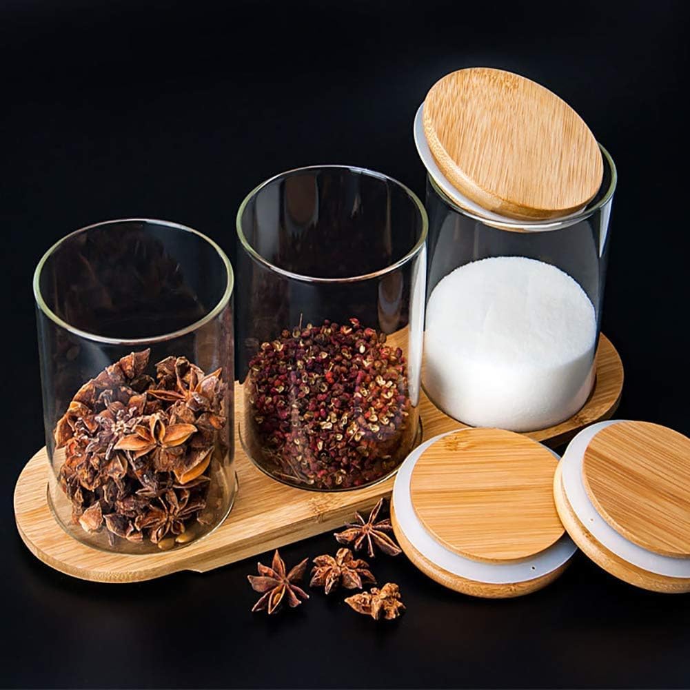 Happy Born 300Ml Glass Airtight Storage Jar With Bamboo Tray, Kitchen Food Storage Canister With Bamboo Lid Silicone Sealing Rin