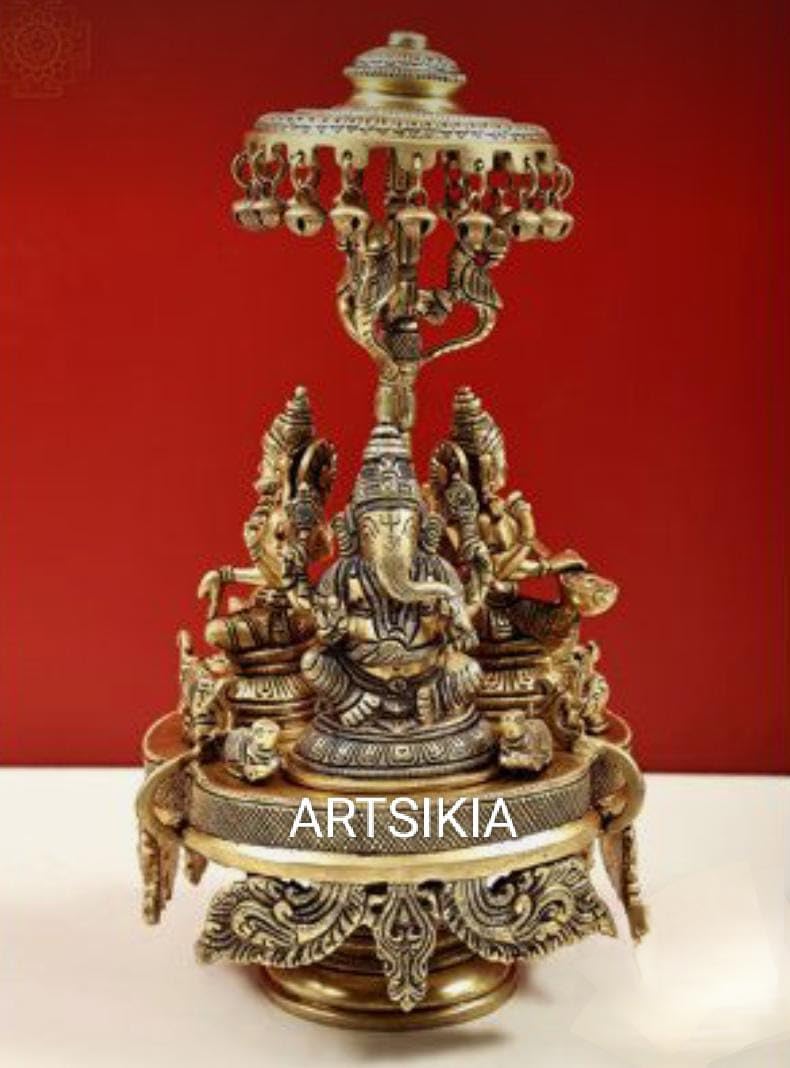 Mvs Madh Ventures Brass Lakshmi Ganesha Ganesh Murti Idol Statue And Saraswati Seated On Moving Chowki With Parasol Weight 7.6 K