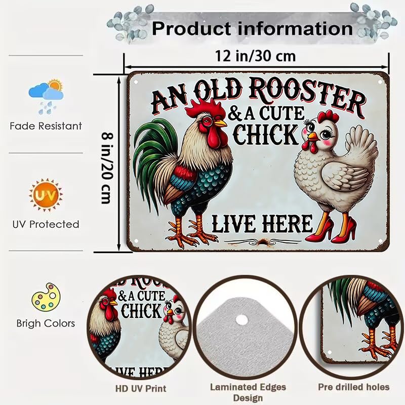 Smilelife Funny Gifts for Women Chicken Lovers Farm Enthusiasts An Old Rooster And A Cute Chick Live Here Chicken Tin Sign for C