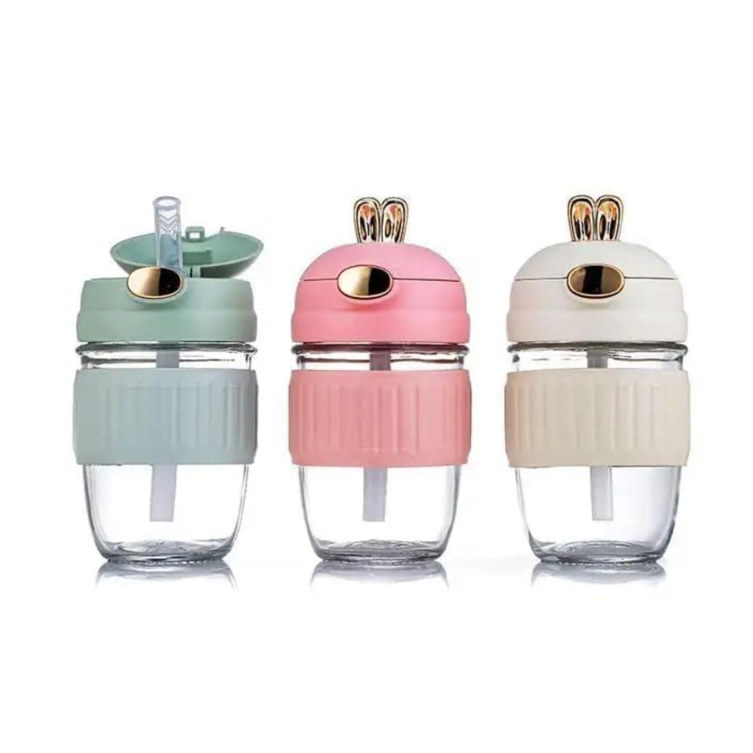 VIDAZCO Cute Rabbit Glass Water Bottle with Lid & Straw, 350ml Reusable Glass Coffee Mug, BPAFree LeakProof Travel Tumbler wit