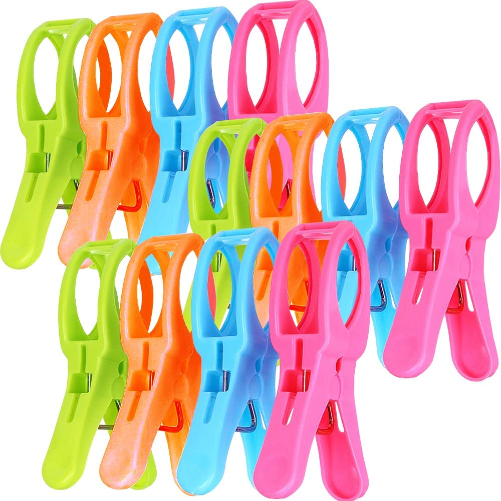 Ielek Beach Towel Clips Cruise Chair Holder Double Thickness Fashion Colors Plastic Quilt Hanging Clamps Jumbo Size 12 Pack For