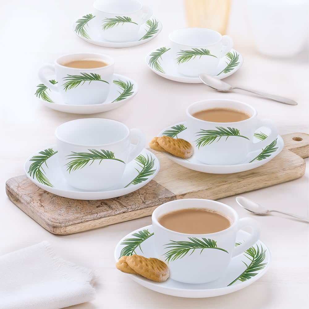 Larah By Borosil Crescent Opalware Cup And Saucer Set Of 12 Pcs | Tea/Coffee Cups 90 Ml | Microwave & Dishwasher Safe | BoneAsh