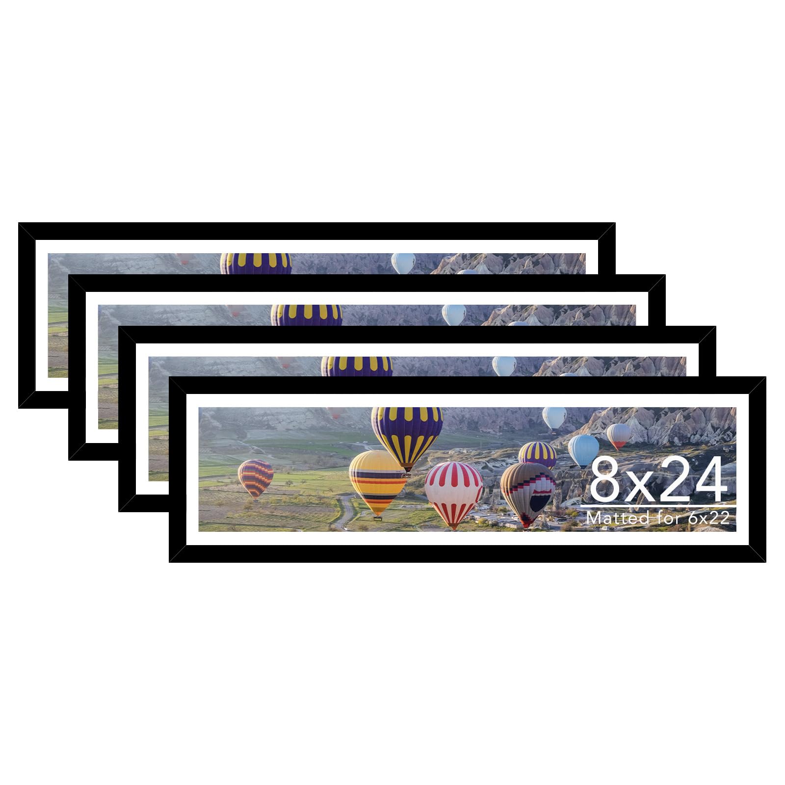 JCJMY 8x24 Picture Frame Set of 4 with 6x22 Mat, Panoramic Picture Frame Display Photo 6x22 with Mat or 8 x 24 Without Mat, Wall