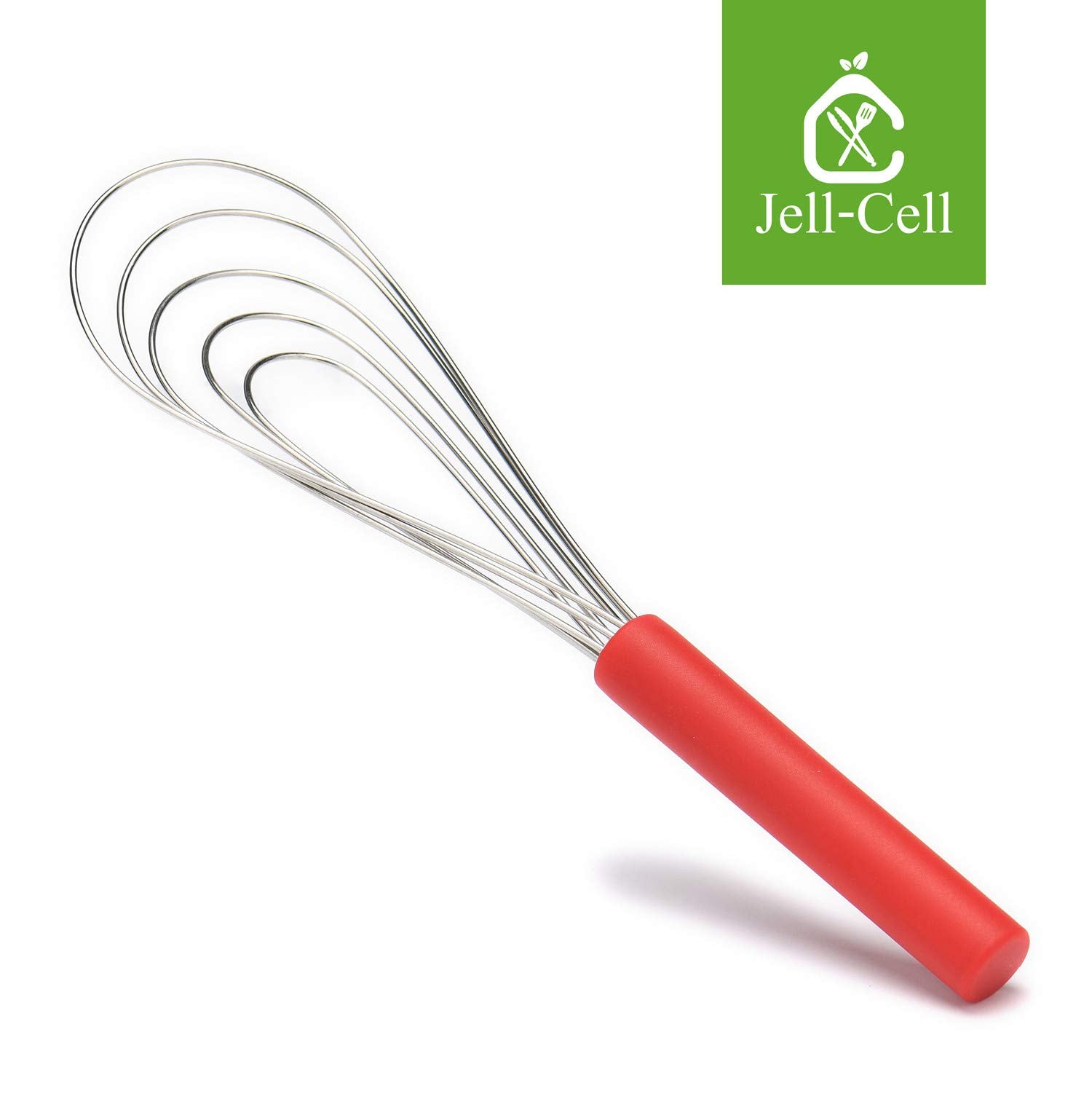 Jell-Cell Flat Whisk - 10" Silicone Handle, Non-Slip, 5 Wires, Red, Stainless Steel
