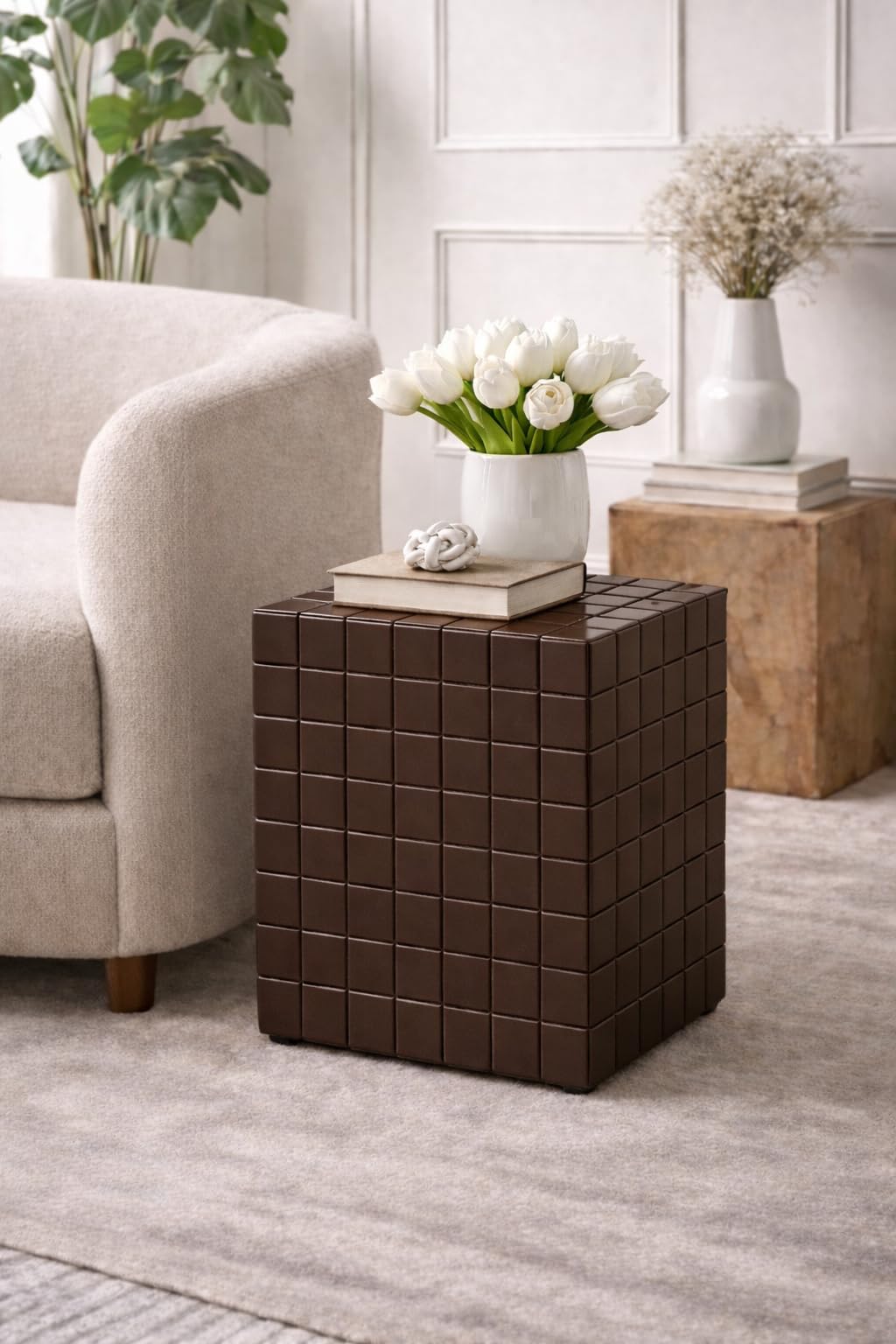 Brown Art Shoppee Engineer Wood Cube Accent Bedside Table Coffee Stand Home Storage Organizer For Living Room Bedroom (Brown)