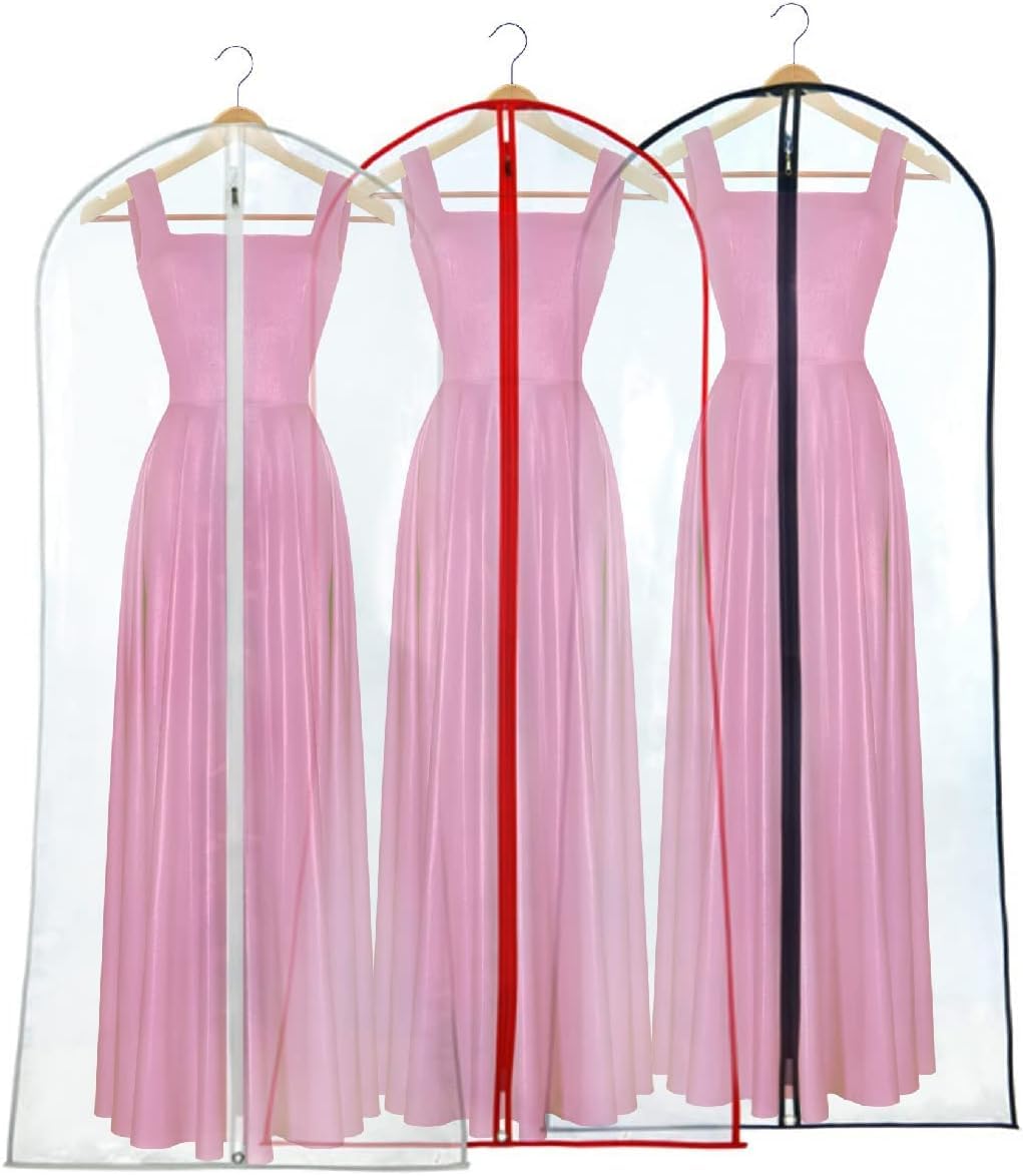 Hangerworld 72Inch Long Dress Bag Garment Protector Covers - Pack Of 3, Showerproof Clear Peva Plastic, Mixed Color Trim
