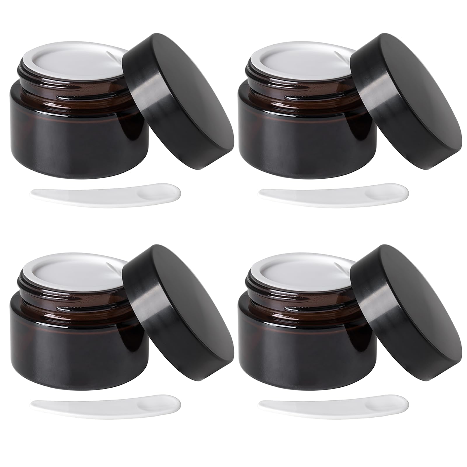 Overnews 4Pcs 1Oz Amber Glass Jar, Empty Cosmetic Lotion Containers,With Inner Liners,Black Lid, Spatula