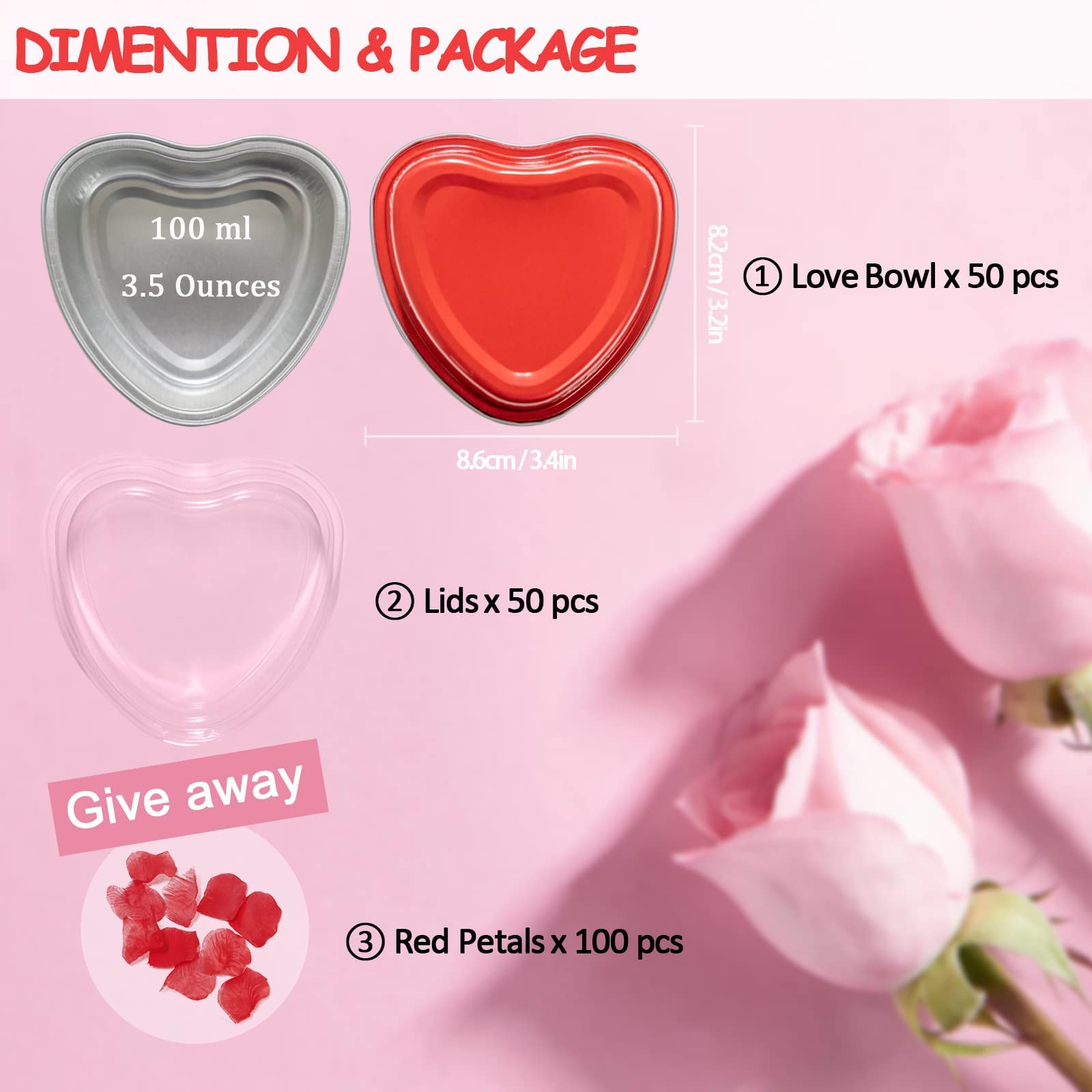 BLVRYVIO Heart Shaped Cake Pans for Baking with Red Petals  50 Sets Aluminum Cupcake Cups with Lids  100 ml/ 3.5 Ounces Red Disposable Mini Foil Pans for Valentine's Day Wedding Parties