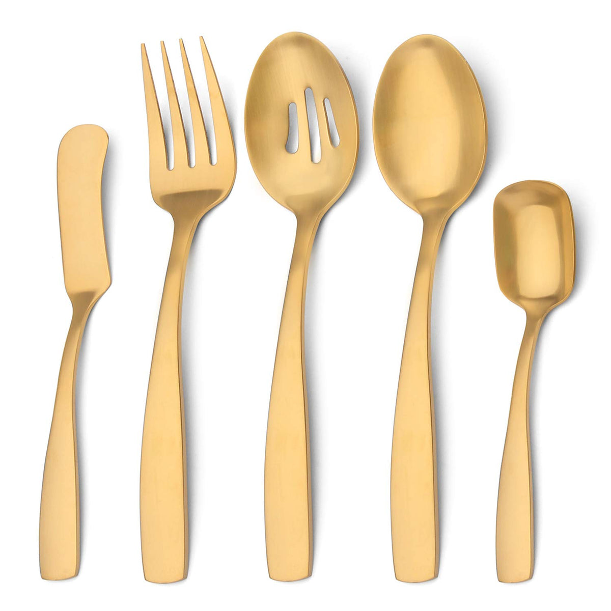 O.C.E. 5-Piece Matte Gold Serving Flatware Silverware Set, Utensil Set Of Stainless Steel, Satin Finish, Hostess Tableware Servi