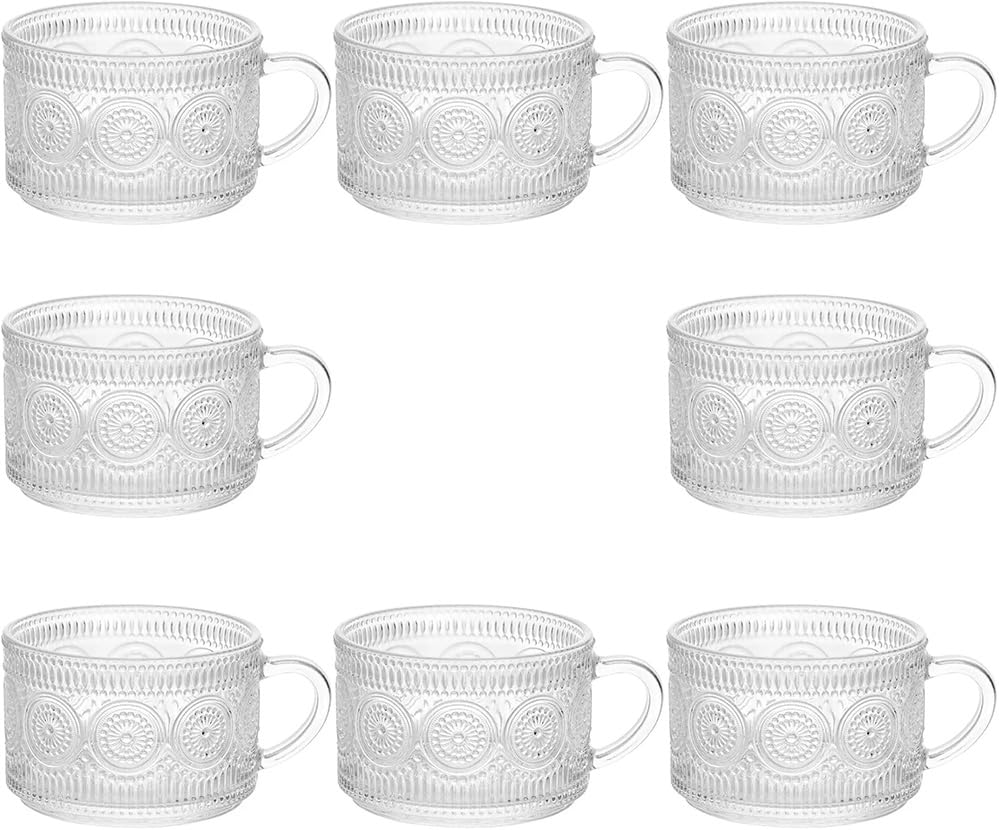 DRHAHA 8 Pack Glass Coffee Mugs, 14oz Clear Coffee Mugs with Handle and Texture Patterns for Mom Dad, Vintage Embossed Glass Cof