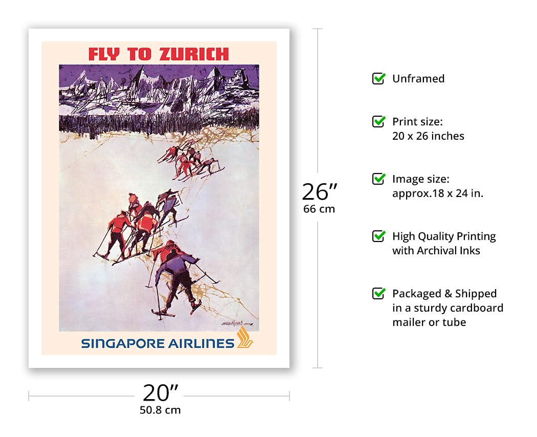 Fly To Zurich Switzerland - Skiing - Singapore Airlines - Vintage Airline Travel Poster By Seah Kim Joo C.1960S - Fine Art Matte