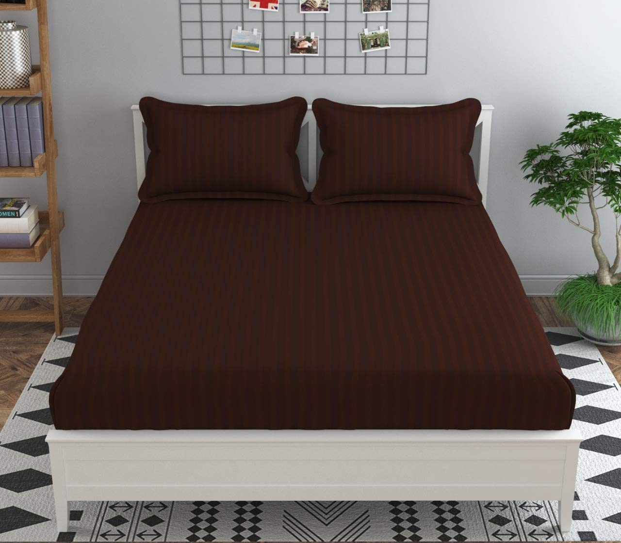 Ab Home Decor Satin Stripes All Around Elastic Fitted Bedsheet King Size Glace Cotton with Two Pillow Covers -90x100 Inch-Coffee
