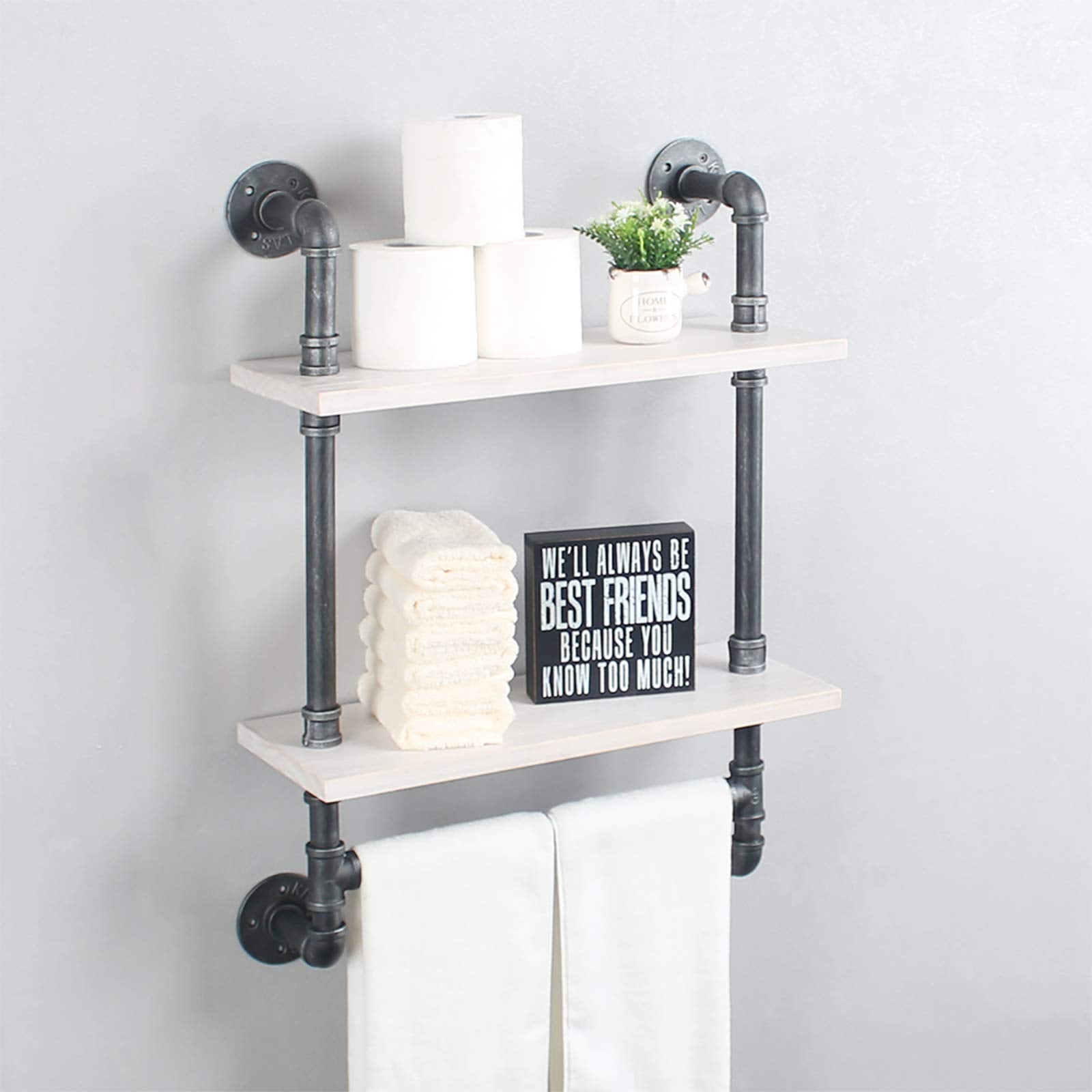 Industrial Pipe Shelf Bathroom Shelves Wall Mounted,19.6In Rustic Wood Shelf With Towel Bar,2 Tier Farmhouse Towel Rack Over Toi