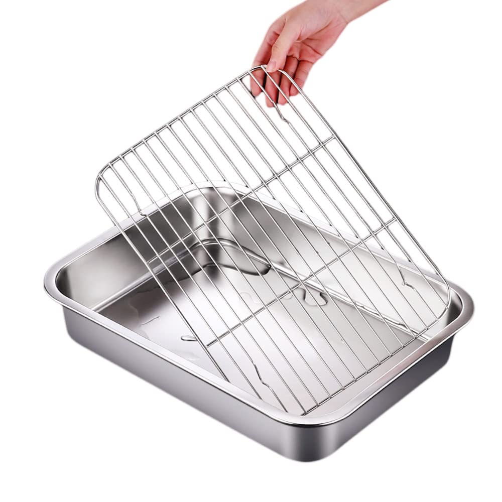 Small Baking Sheet Pan With Wire Rack Set [1 Pans + 1 Racks] Stainless Steel Cookie Pan Baking Tray Size 10.4 X 8.15 X 2 Inch