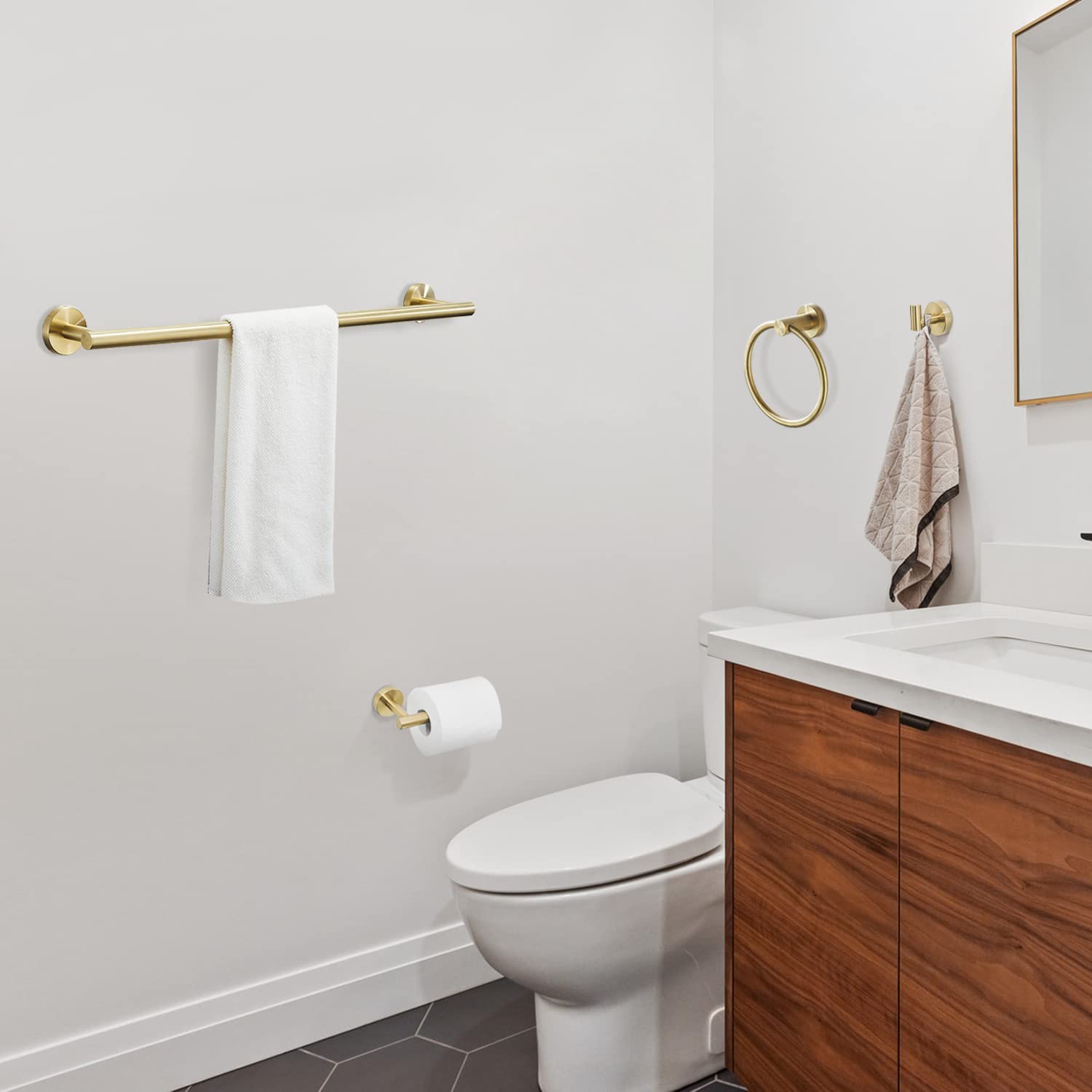 WEIKO Gold Bathroom Hardware  Bathroom Accessories Set Includes Toilet Paper Holder 24 Inch Towel Bar Towel Ring Robe Hook 4 Pieces Wall Mount