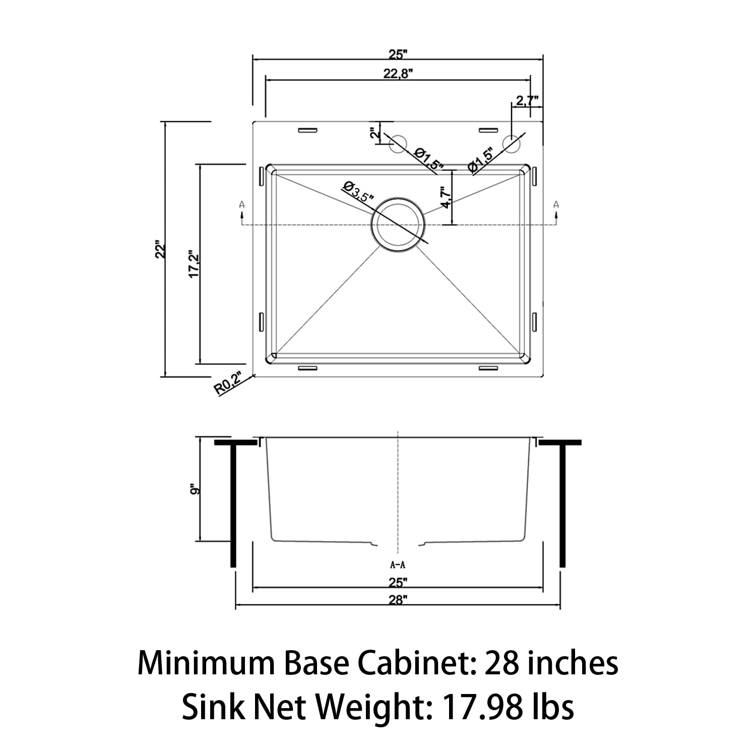 Sinber 25'' x 22'' x 9'' Drop In Single Bowl Kitchen Sink with 18 Gauge 304 Stainless Steel Black Finish HT2522S-9-B (Sink Only)