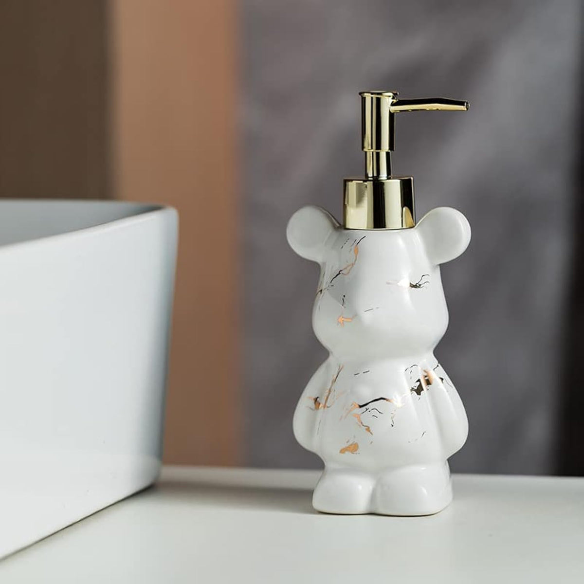 Small Bathroom Soap Dispenser With Pump, Cute Bear-Shaped Design, Ceramic Liquid Soap Dispenser (Marble White)