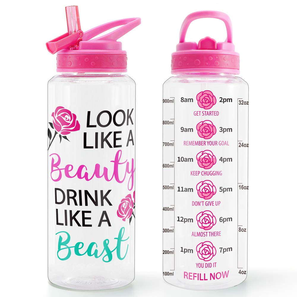 Home Tune 32oz Motivational Water Bottle with Straw & Time Marker, BPA FREE, Dustproof Flip Straw, Leak Proof, Easy Clean (Beaut