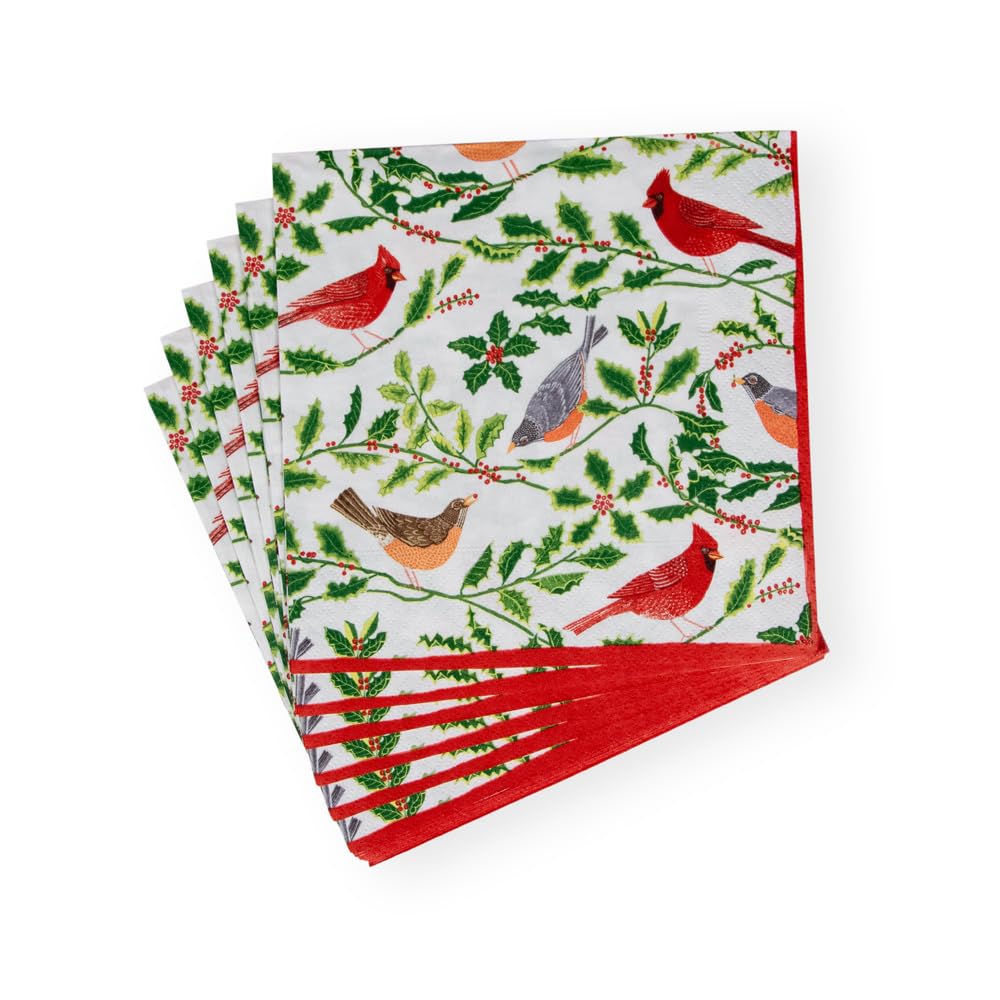 Songbirds And Holly Paper Luncheon Napkins In White - 20 Per Package