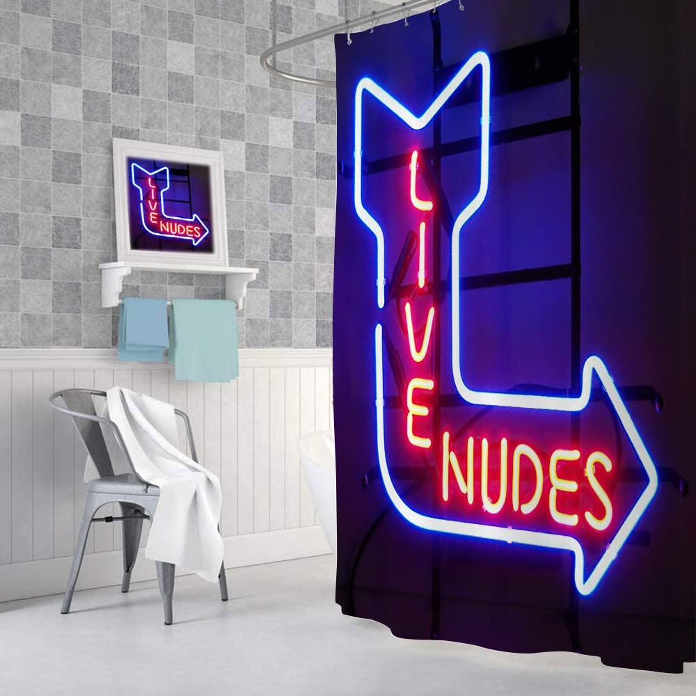 Unique Funny Shower Curtain For Bathroom, Fun Neon Signs Live Nudes Fabric Shower Curtains Set, Cool Design Restroom Decor Acces