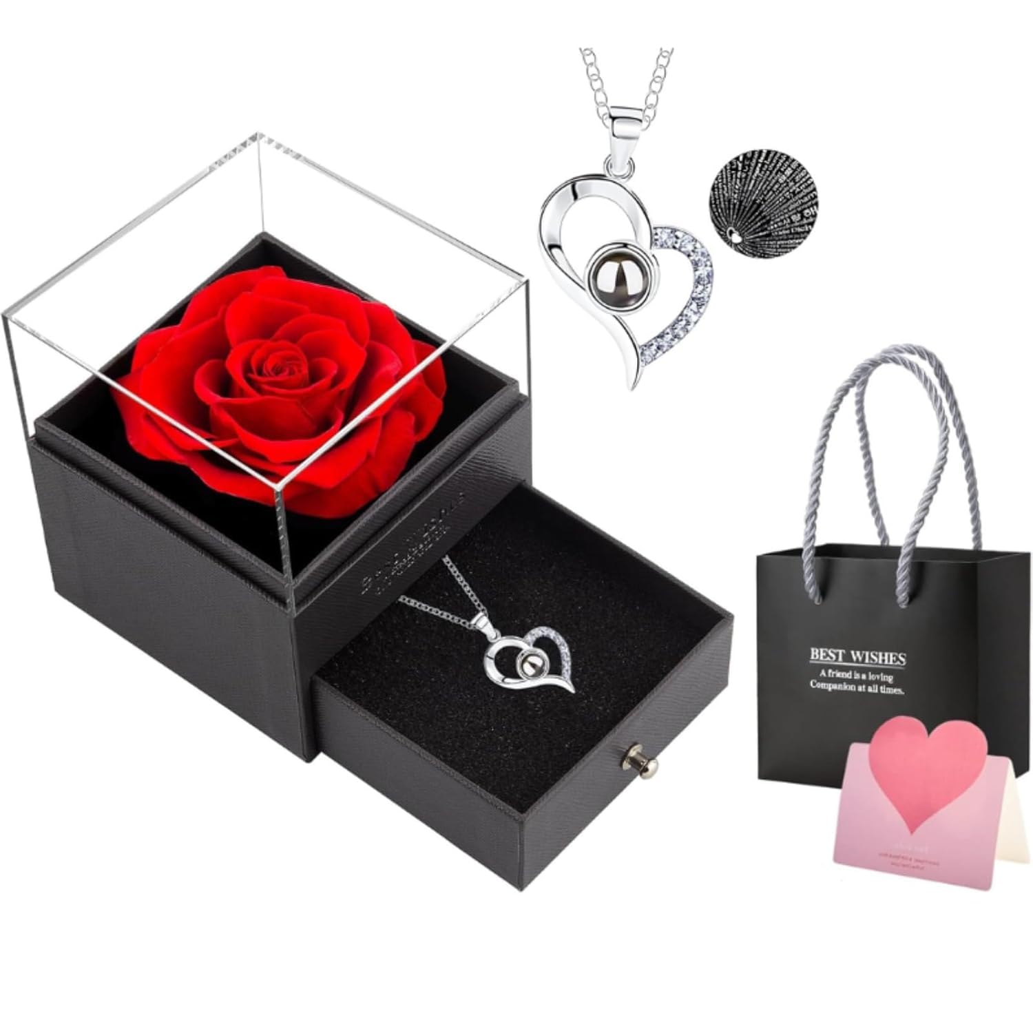 Hudux 1Pcs Artificial Preserved Red Rose, Eternal Rose & Heart Necklace Eternal Rose Flowers Gift With I Love You In 100 Languag