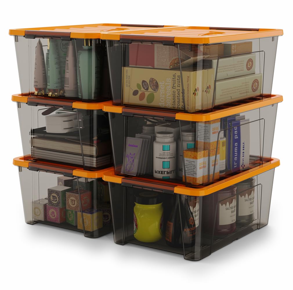 Wyt 5-Quart Small Storage Container Bin With Orange Secure Lid And Black Clear Latch Buckles, Durable Plastic Stackable Nestable