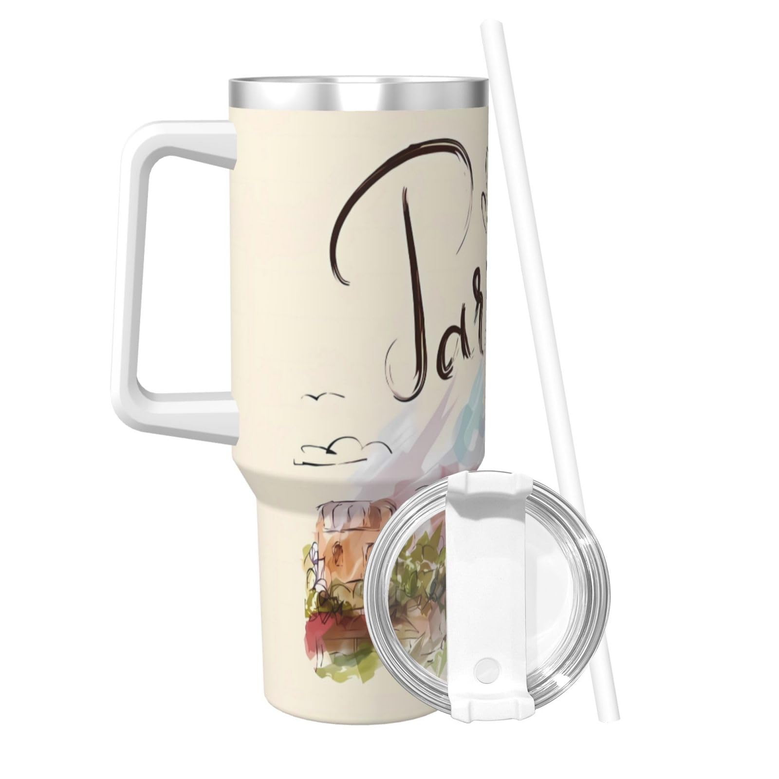 PTONUIC the famous Paris Eiffel Tower 40 oz Tumbler with Handle and Straw Lid | Insulated Cup Reusable Stainless Steel Water Bot