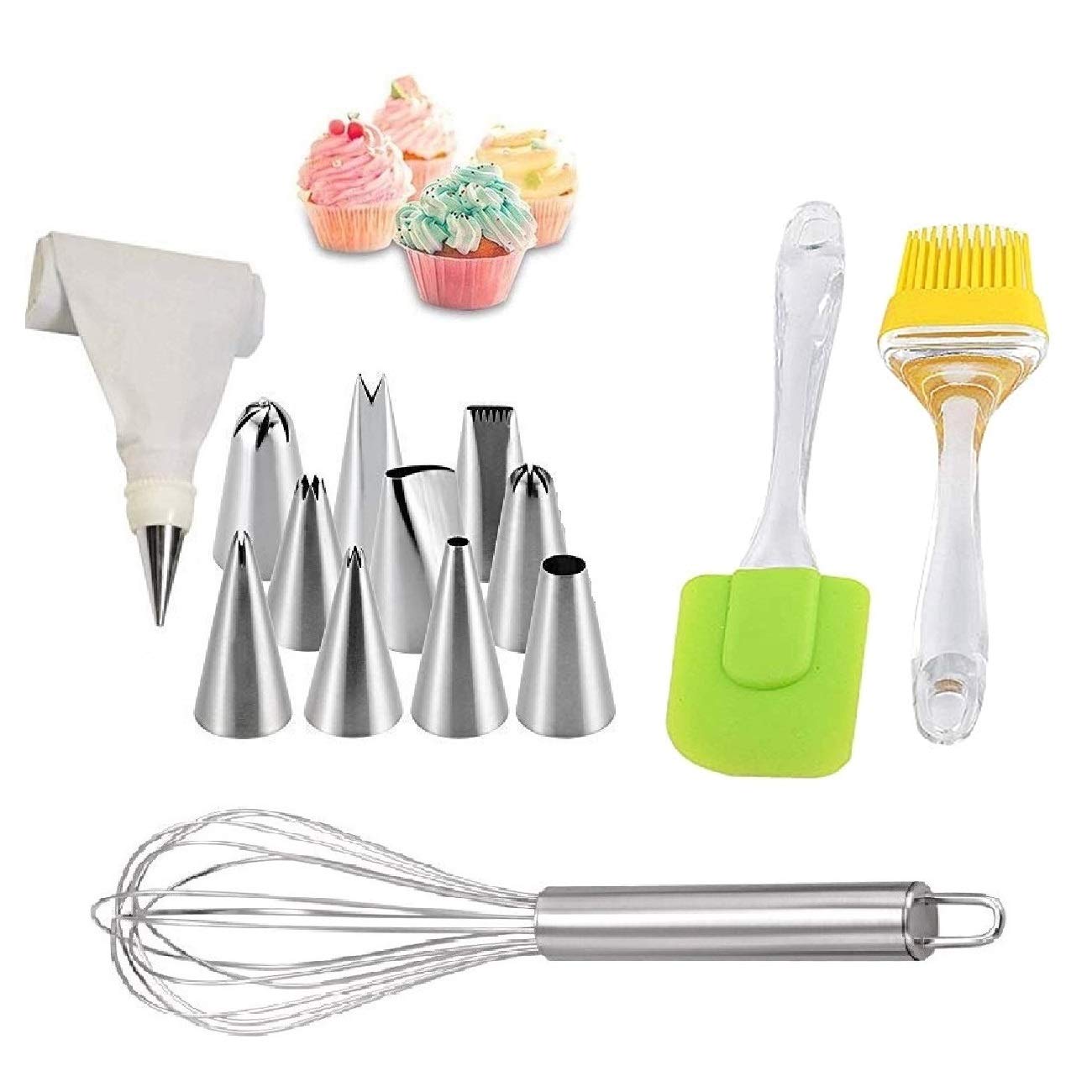 First Front Stainless Steel 13 Pcs Cake Decorating Nozzle Cum Piping Bag Set (Reusable) With Egg Beater & Silicone Spatula Brush