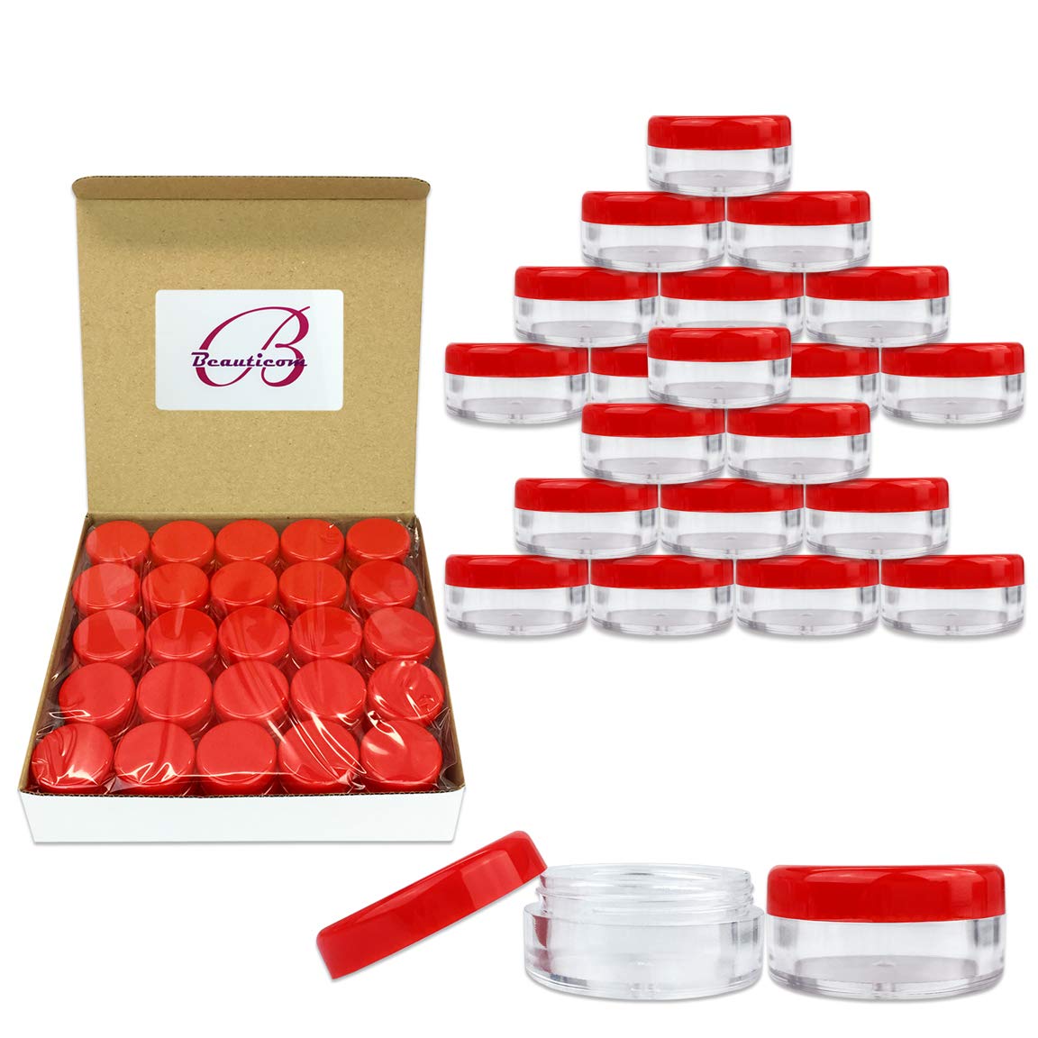 (Quantity: 100 Pieces) Beauticom 5G/5Ml Round Clear Jars With Red Lids For Scrubs, Oils, Toner, Salves, Creams, Lotions, Makeup