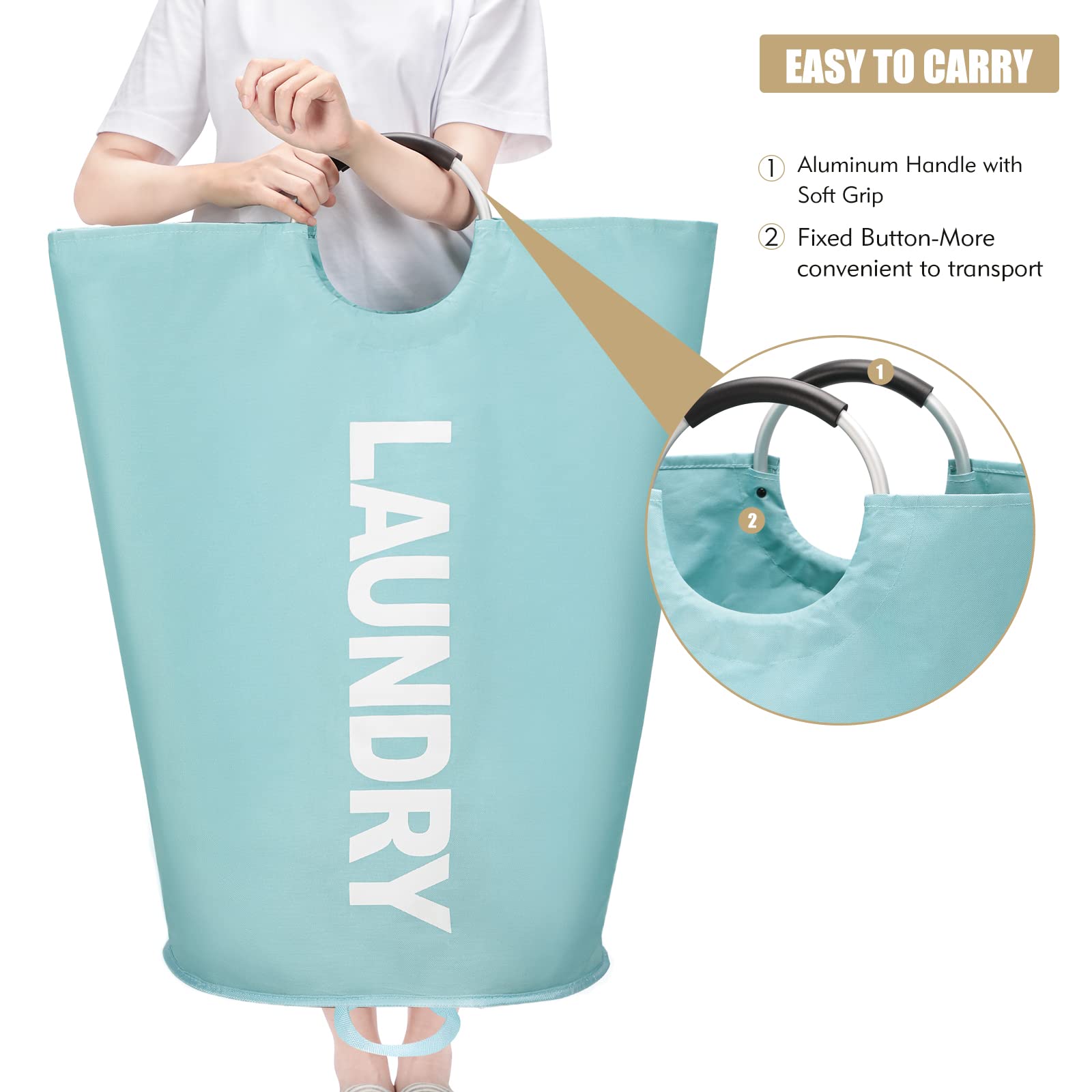 Maxsilan 125L X-Large Laundry Basket  Freestanding Tall Clothes Hamper  Collapsible Laundry Bag Waterproof with Foam Protected Aluminum Handles for College Dorm  Family Light Blue
