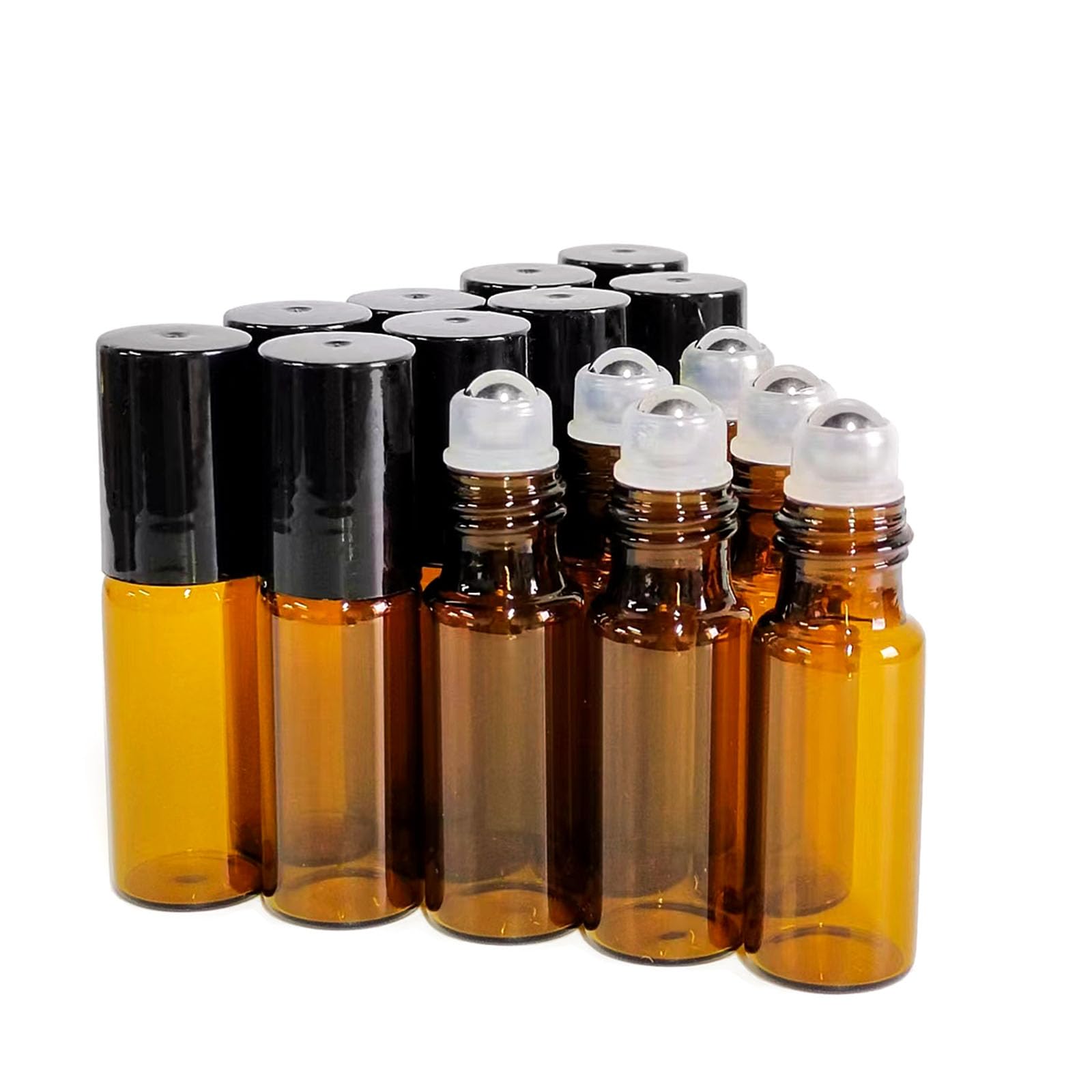 50 Pcs 5Ml Amber Glass Roller Bottle,Essential Oil Sample Vials With Stainless Steel Roller Ball,Black Caps,For Travel Perfume C