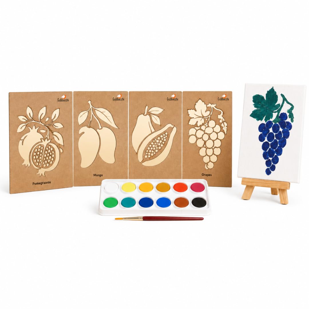 Gubbachhi Fruit Stencil Art & Craft Kit For Kids | Mango, Pomegranate, Papaya & Grapes Mdf Stencils With Paints, Canvas Board & 