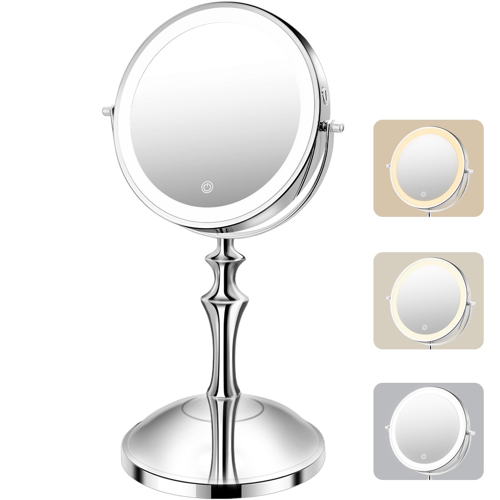 Large Lighted Makeup Mirror, 8'' Rechargeable Vanity Mirror With 3 Color Lights, 1X/10X Magnifying Mirror, 360 Rotation Double S