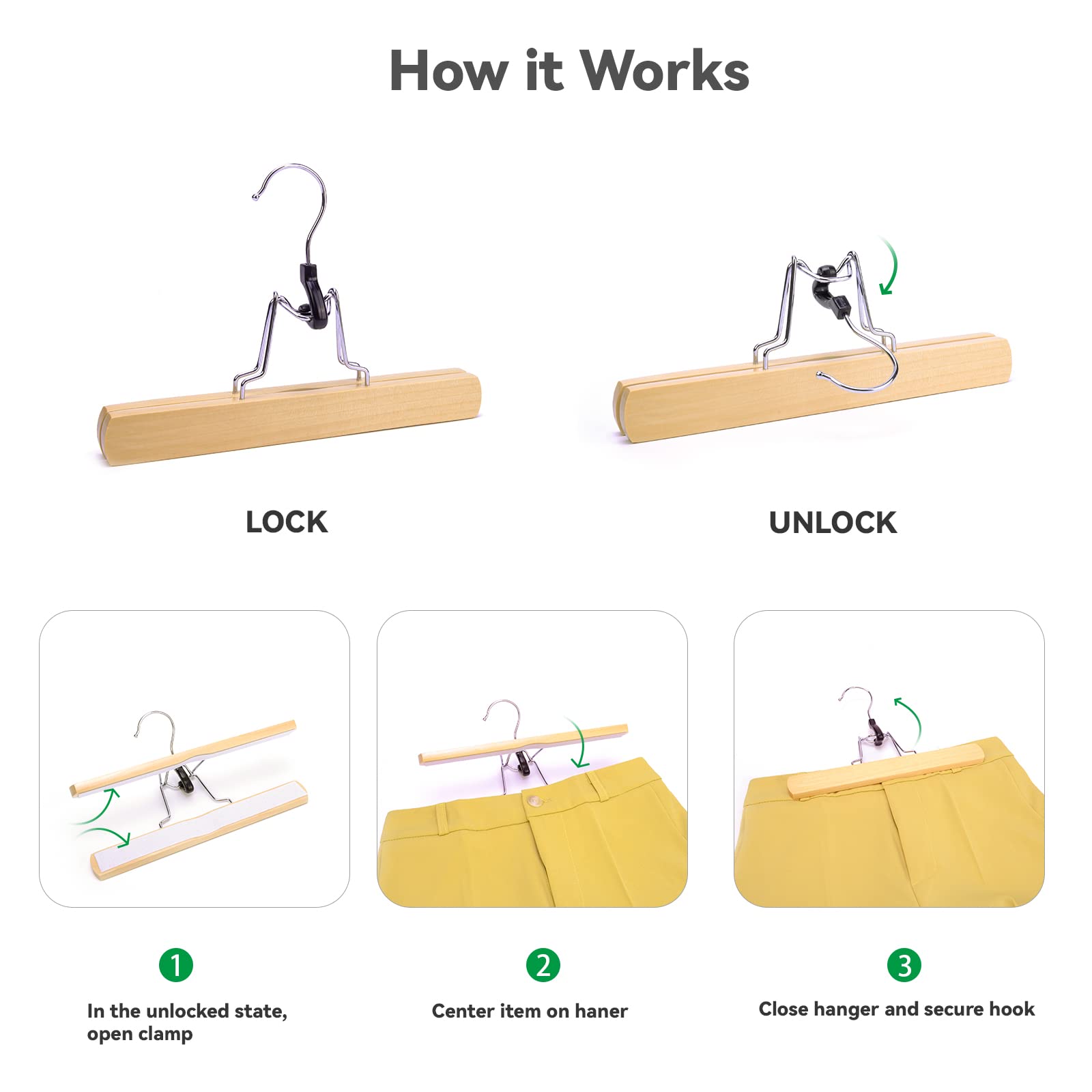 Nature Smile Wooden Pants Skirt Hangers, Smooth Finish Solid Wood Non Slip Jeans Slack Clamp Hangers Hair Extension Hangers(20Pc