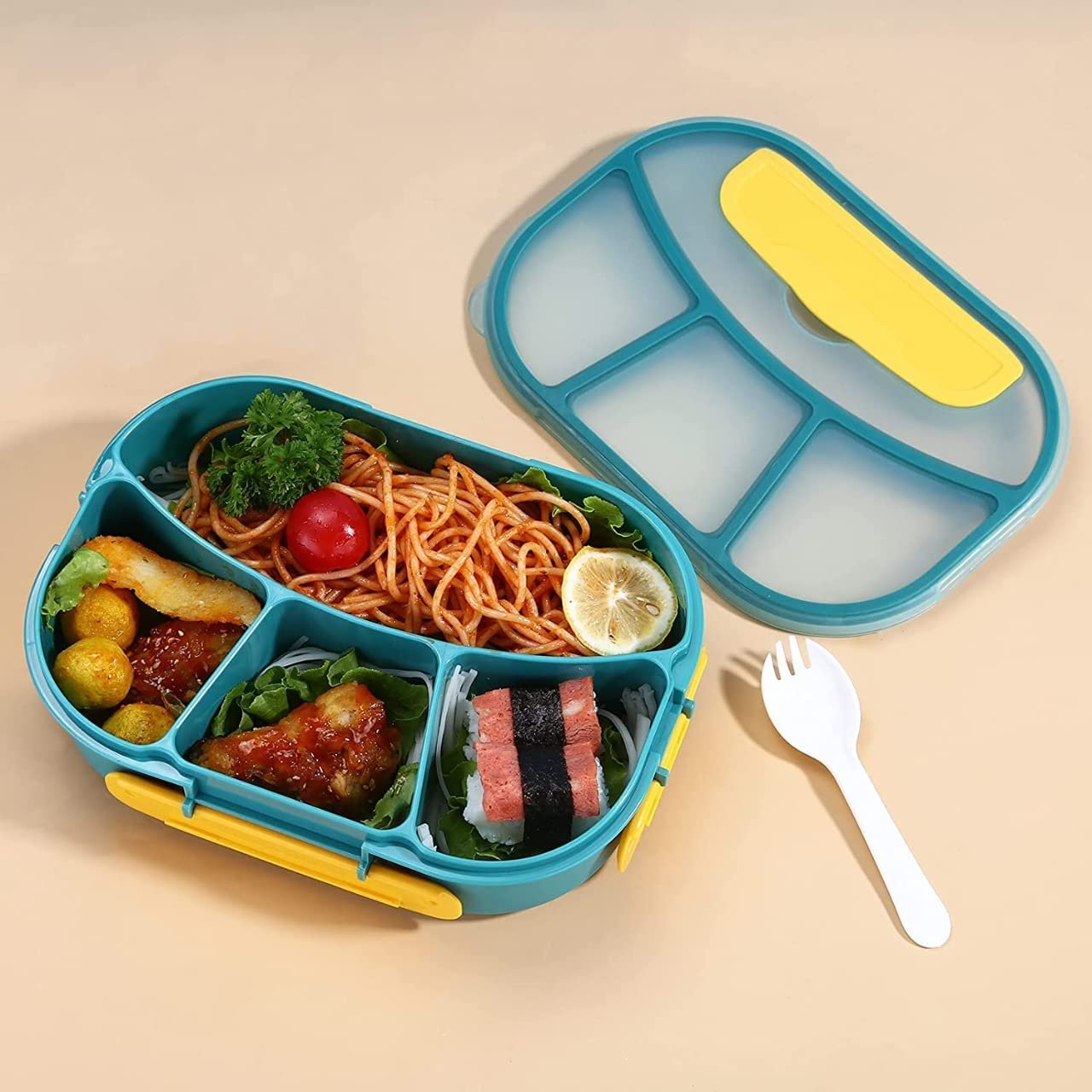 4 Compartment Big Bpa Free Lunch Box With Spoon, Tiffin Box For School, Lunch Box For Kids, Lunch Box For School & Office [ 1800