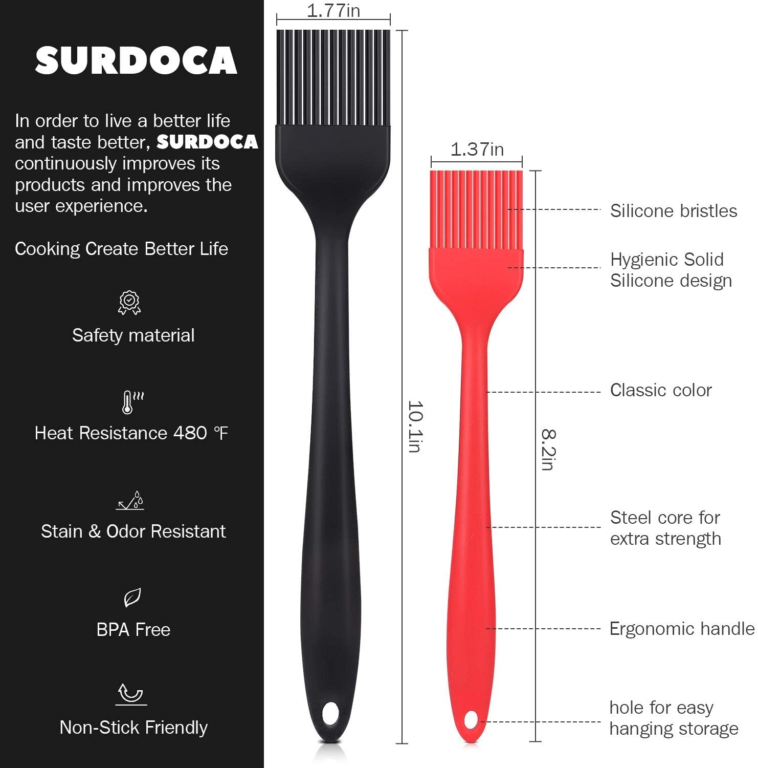SURDOcA Silicone Pastry Basting Brush - 2Pcs 10 + 8 in Heat Resistant Brush for Baking cooking Food  BPA Free Kitchen Brush for Sauce Butter Oil  Stainless Steel core Design for Barbecue BBQ grilling