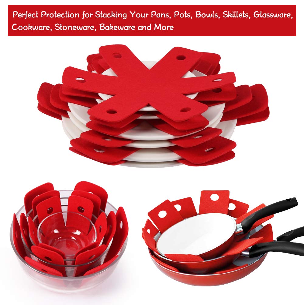 Pot Pan Protectors, Set Of 12 And 4 Different Sizes, Larger & Thicker Red Pan Protector Pads, Pan Pot Separator Pads For Stackin