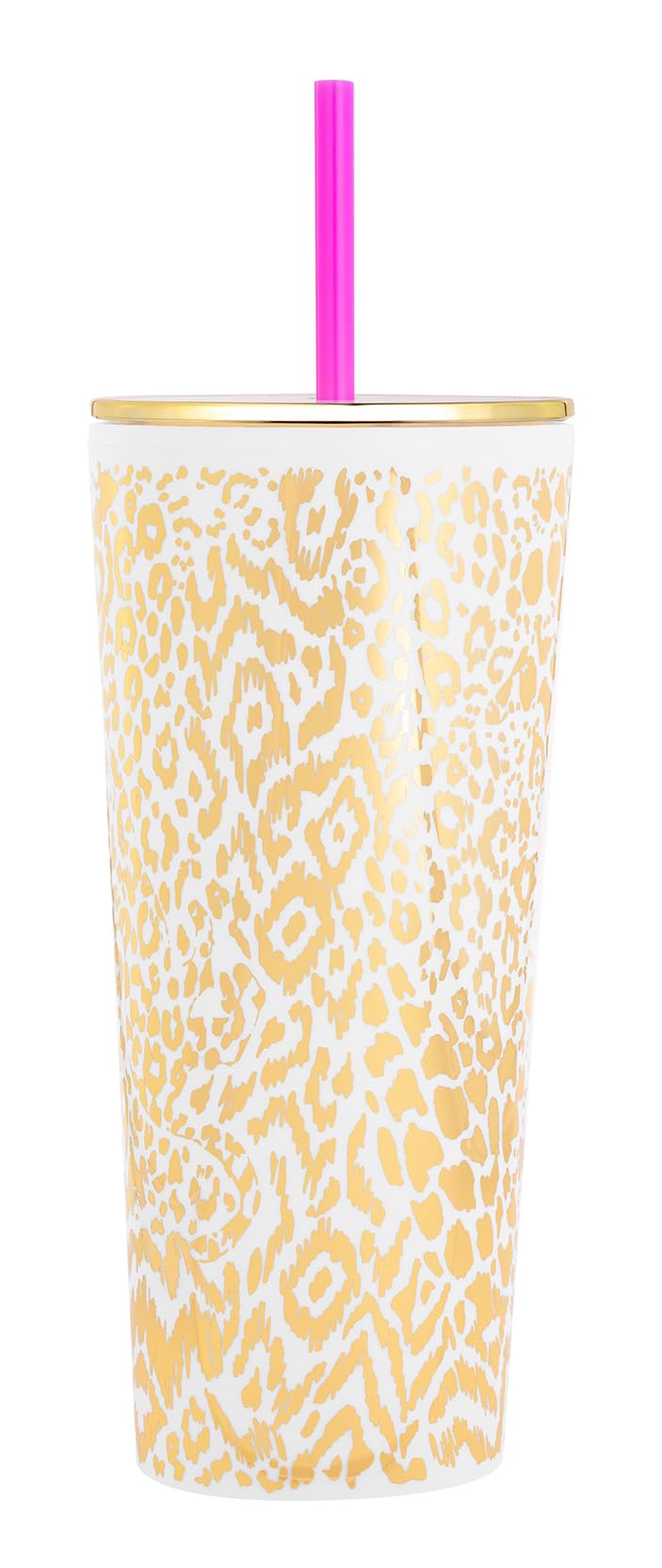Lilly Pulitzer Double Wall Tumbler with Lid and Reusable Straw, Insulated Travel Cup Holds 24 Ounces, Pattern Play (Gold)